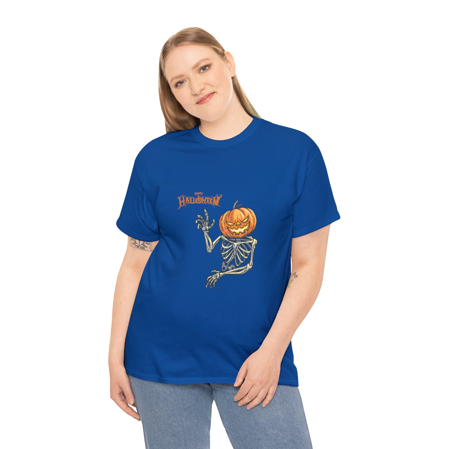 Happy Halloween Scary Pumpkin Skeleton Unisex Heavy Cotton Tee