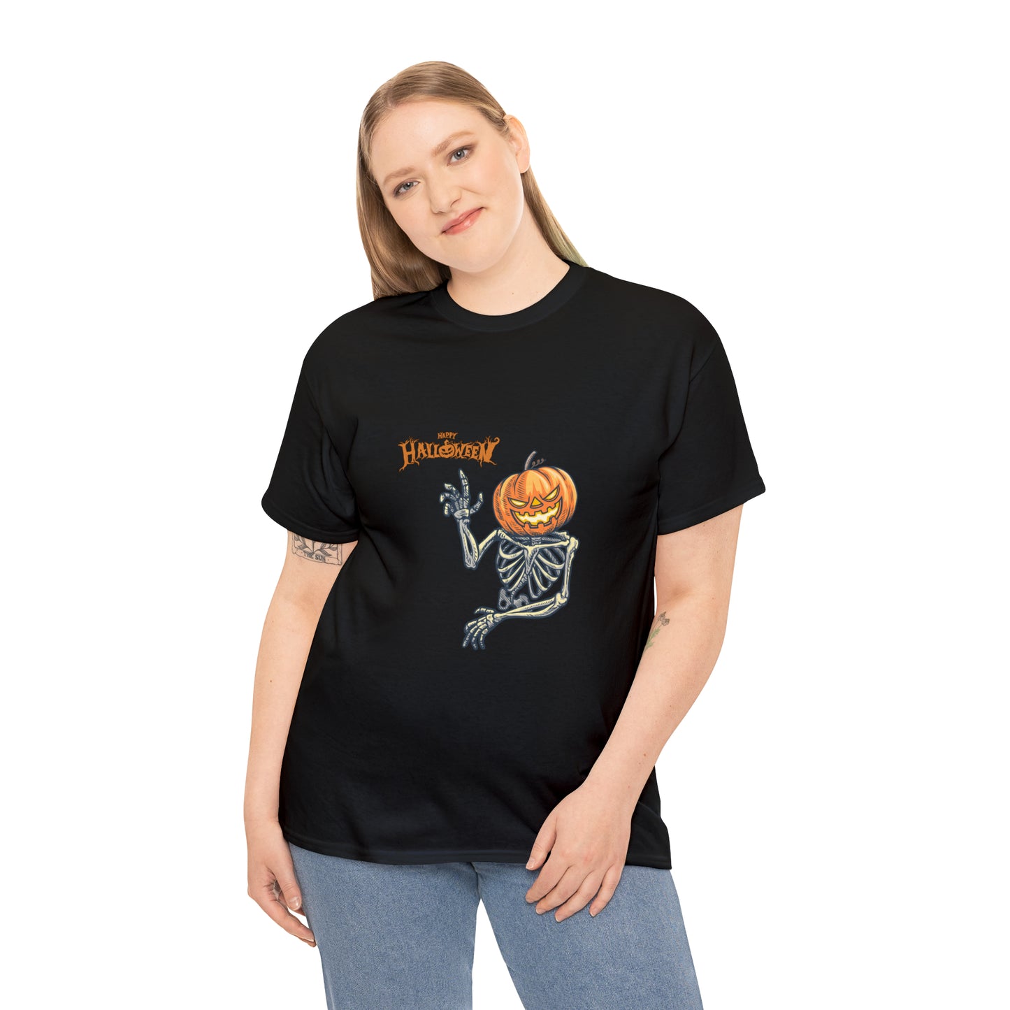 Happy Halloween Scary Pumpkin Skeleton Unisex Heavy Cotton Tee