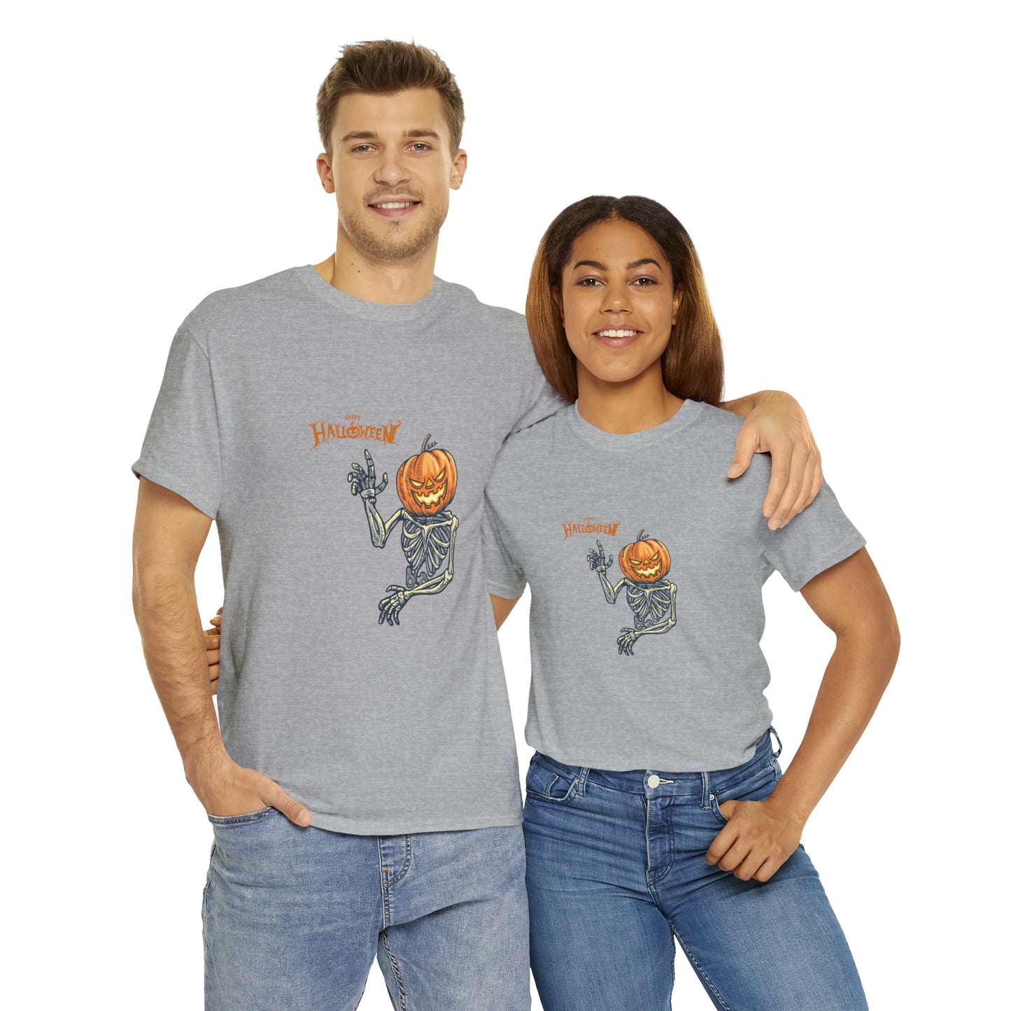 Happy Halloween Scary Pumpkin Skeleton Unisex Heavy Cotton Tee