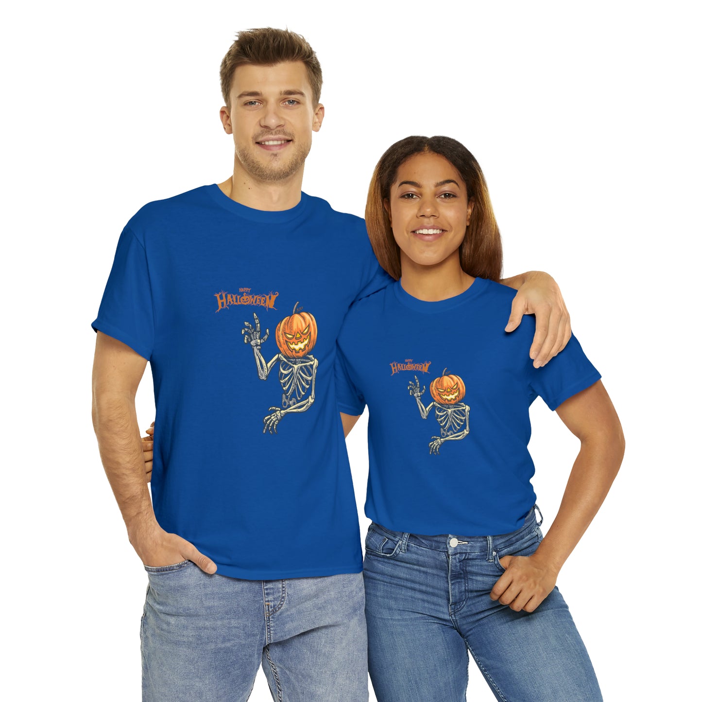 Happy Halloween Scary Pumpkin Skeleton Unisex Heavy Cotton Tee