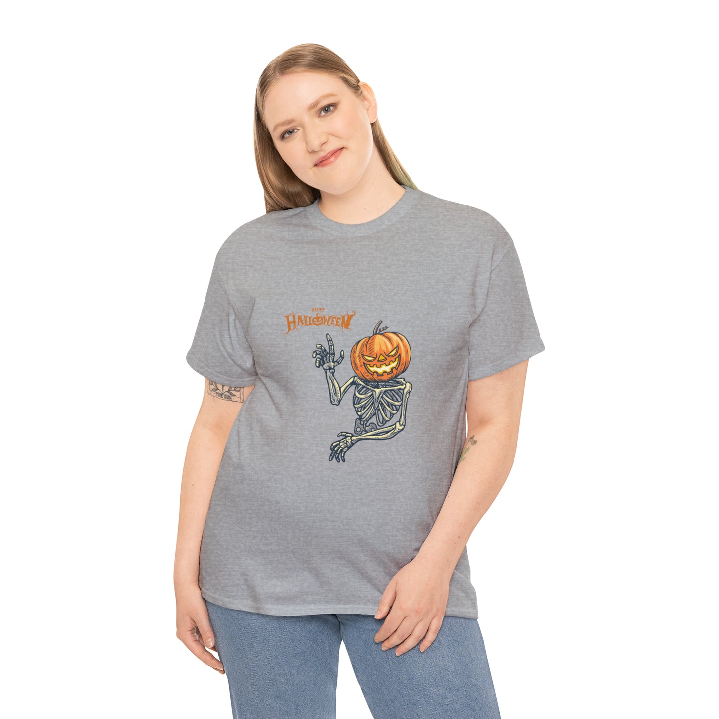 Happy Halloween Scary Pumpkin Skeleton Unisex Heavy Cotton Tee