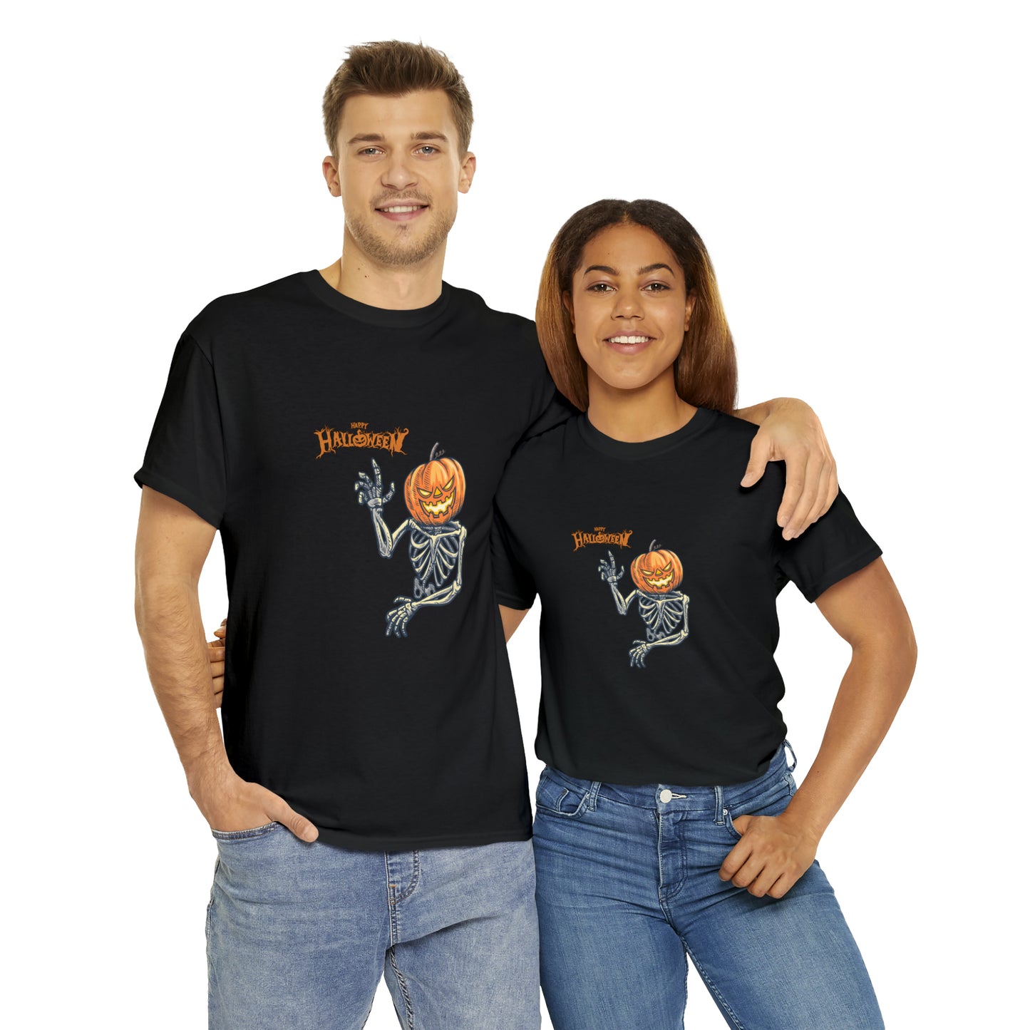 Happy Halloween Scary Pumpkin Skeleton Unisex Heavy Cotton Tee