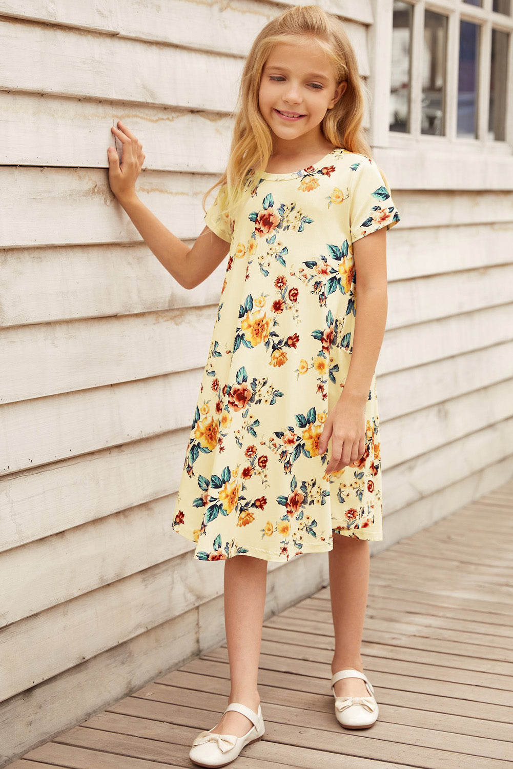 Girls Floral Round Neck Short Sleeve Dress with Pockets