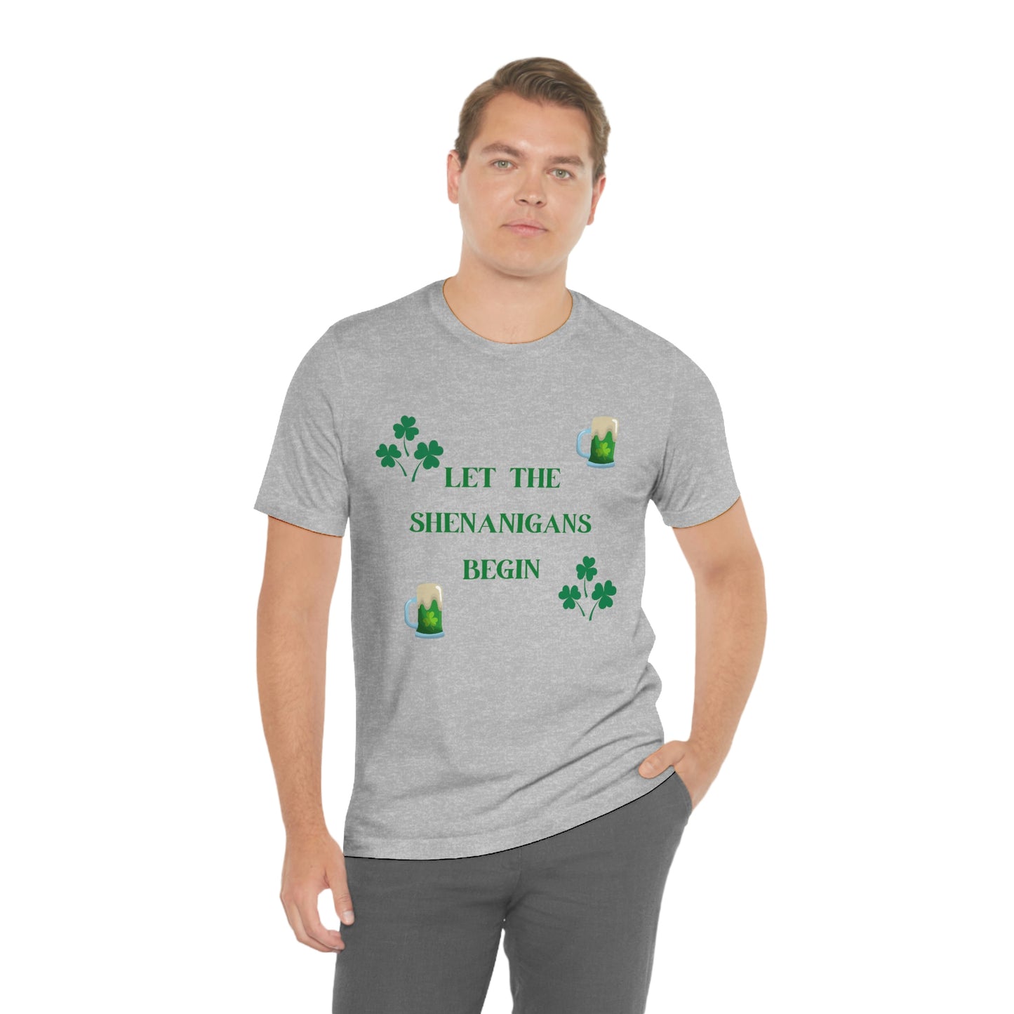 Let the shenanigans begin, St Patty's day, Irish, Clover, Shamrocks, Green Beer, Saint Patricks Day Tee, Beer, Unisex Short Sleeve Tee