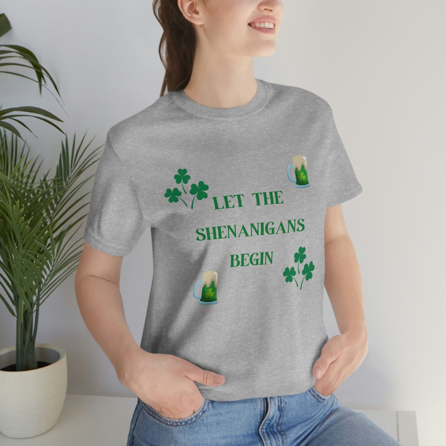 Let the shenanigans begin, St Patty's day, Irish, Clover, Shamrocks, Green Beer, Saint Patricks Day Tee, Beer, Unisex Short Sleeve Tee