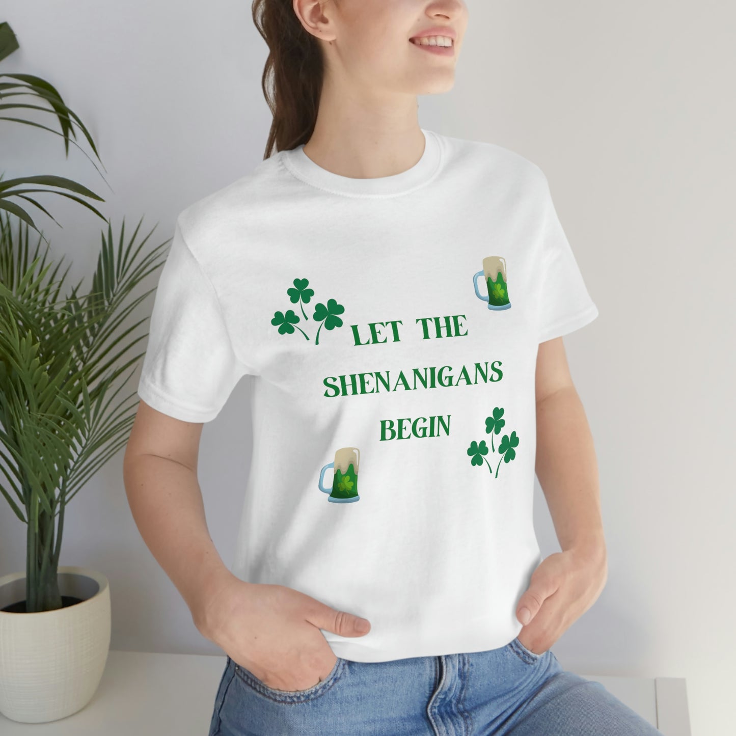 Let the shenanigans begin, St Patty's day, Irish, Clover, Shamrocks, Green Beer, Saint Patricks Day Tee, Beer, Unisex Short Sleeve Tee