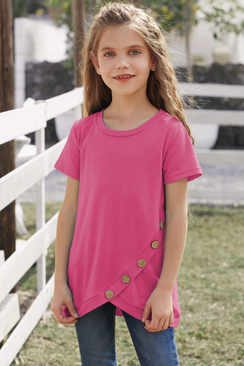 Girls Buttoned Tulip Hem T-Shirt