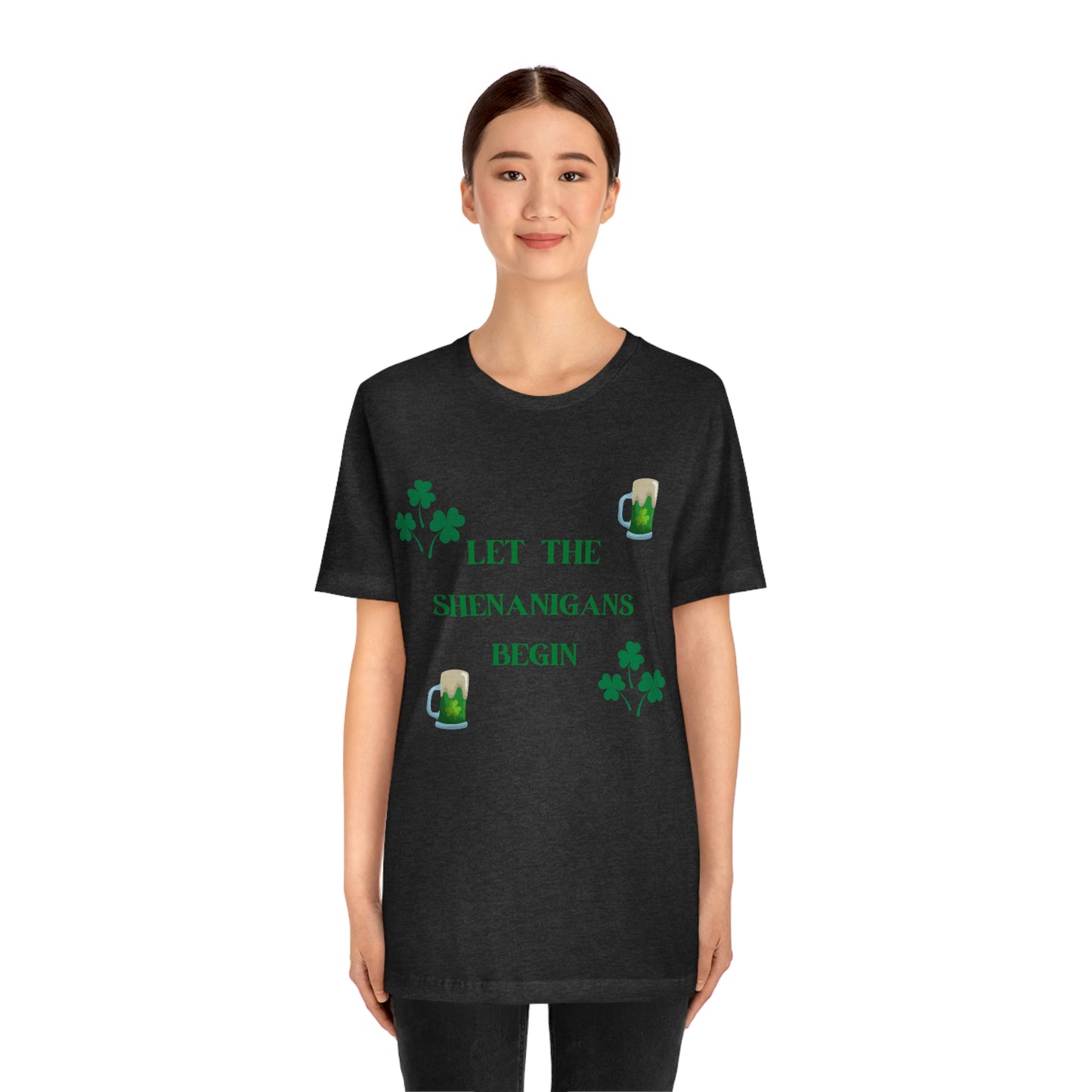 Let the shenanigans begin, St Patty's day, Irish, Clover, Shamrocks, Green Beer, Saint Patricks Day Tee, Beer, Unisex Short Sleeve Tee