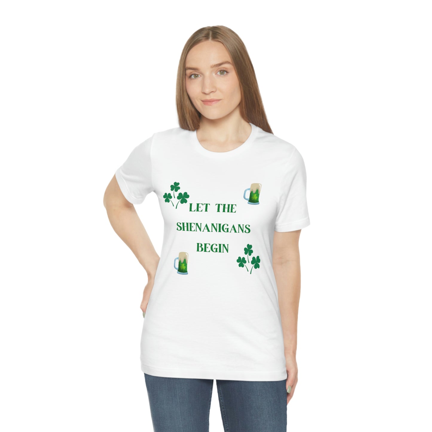 Let the shenanigans begin, St Patty's day, Irish, Clover, Shamrocks, Green Beer, Saint Patricks Day Tee, Beer, Unisex Short Sleeve Tee