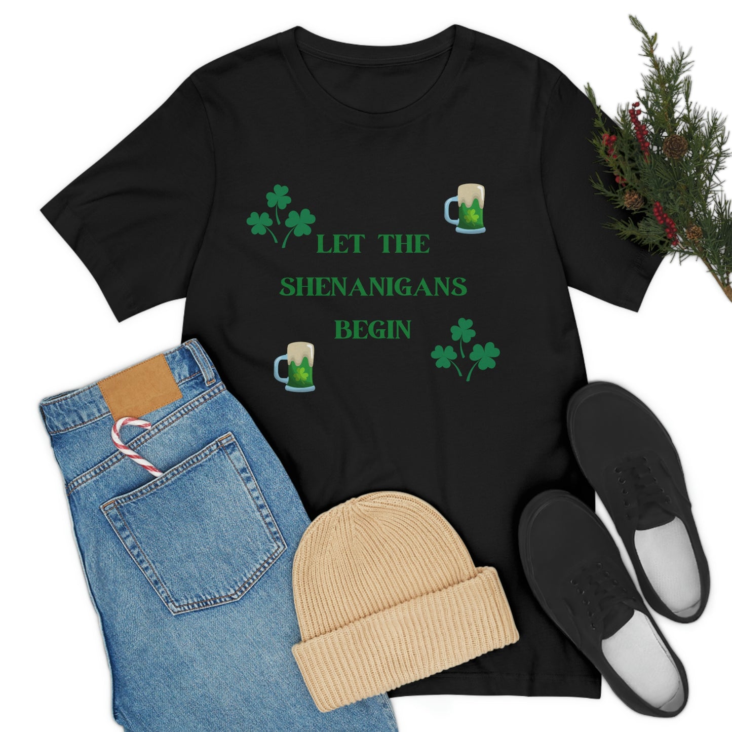 Let the shenanigans begin, St Patty's day, Irish, Clover, Shamrocks, Green Beer, Saint Patricks Day Tee, Beer, Unisex Short Sleeve Tee