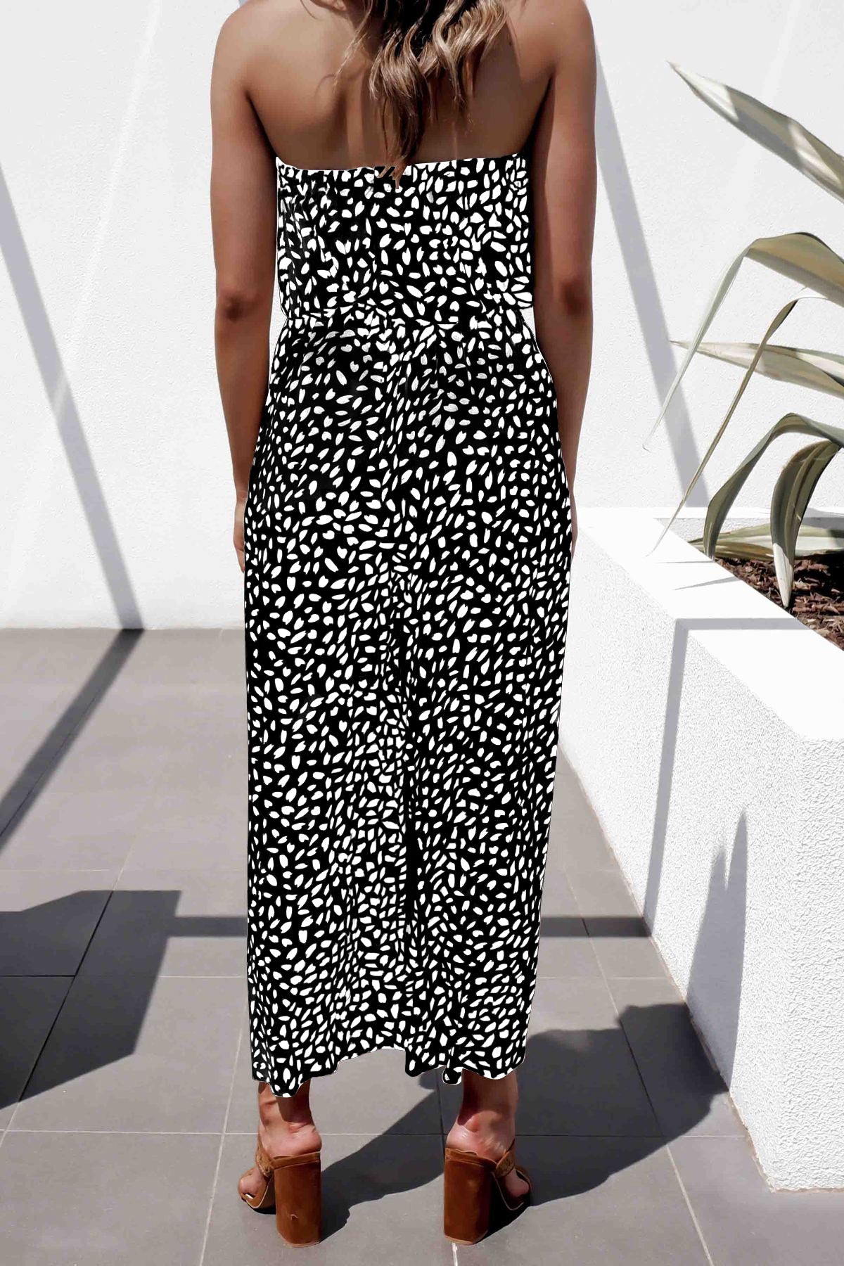 Printed Strapless Tie Waist Wide Leg Jumpsuit