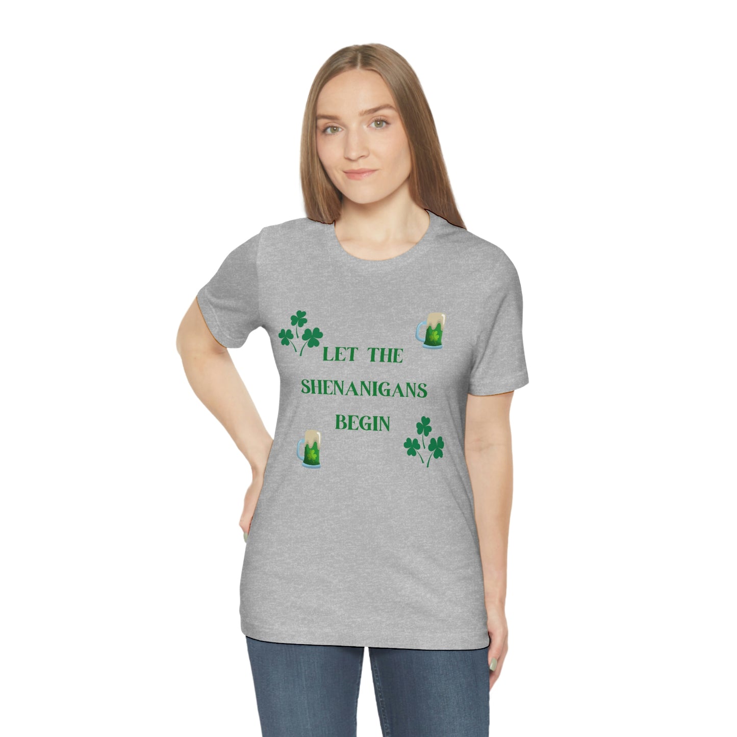 Let the shenanigans begin, St Patty's day, Irish, Clover, Shamrocks, Green Beer, Saint Patricks Day Tee, Beer, Unisex Short Sleeve Tee