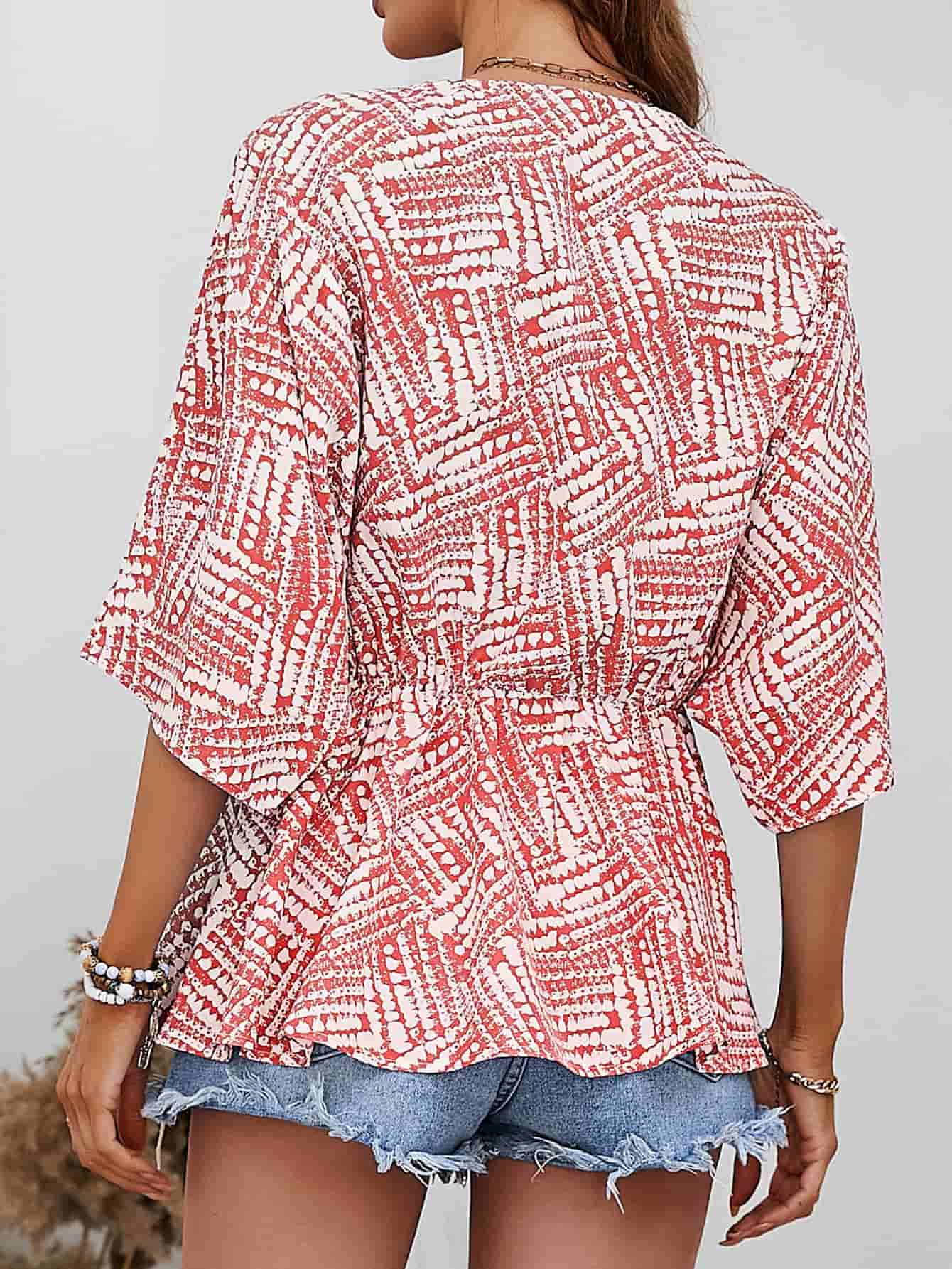 Printed V-Neck Dolman Sleeve Blouse