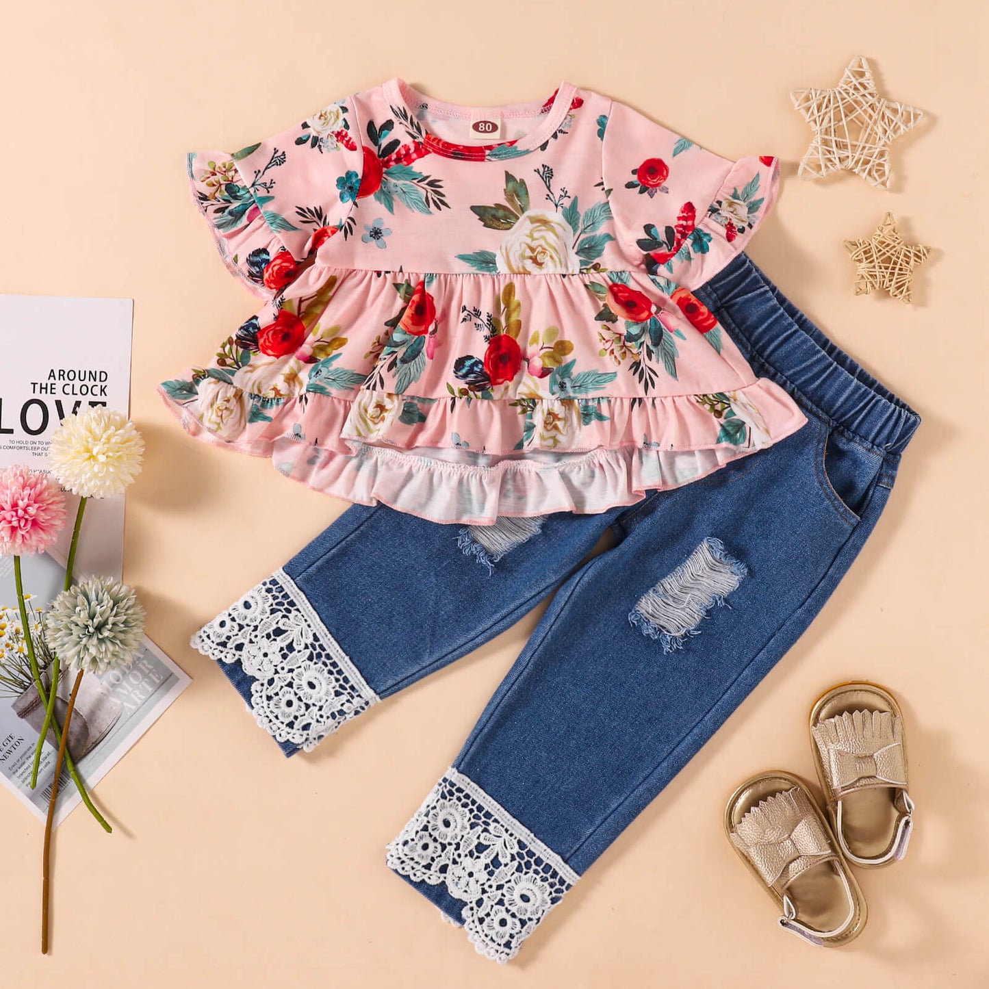 Girls Floral Round Neck Top and Lace Trim Distressed Jeans Set