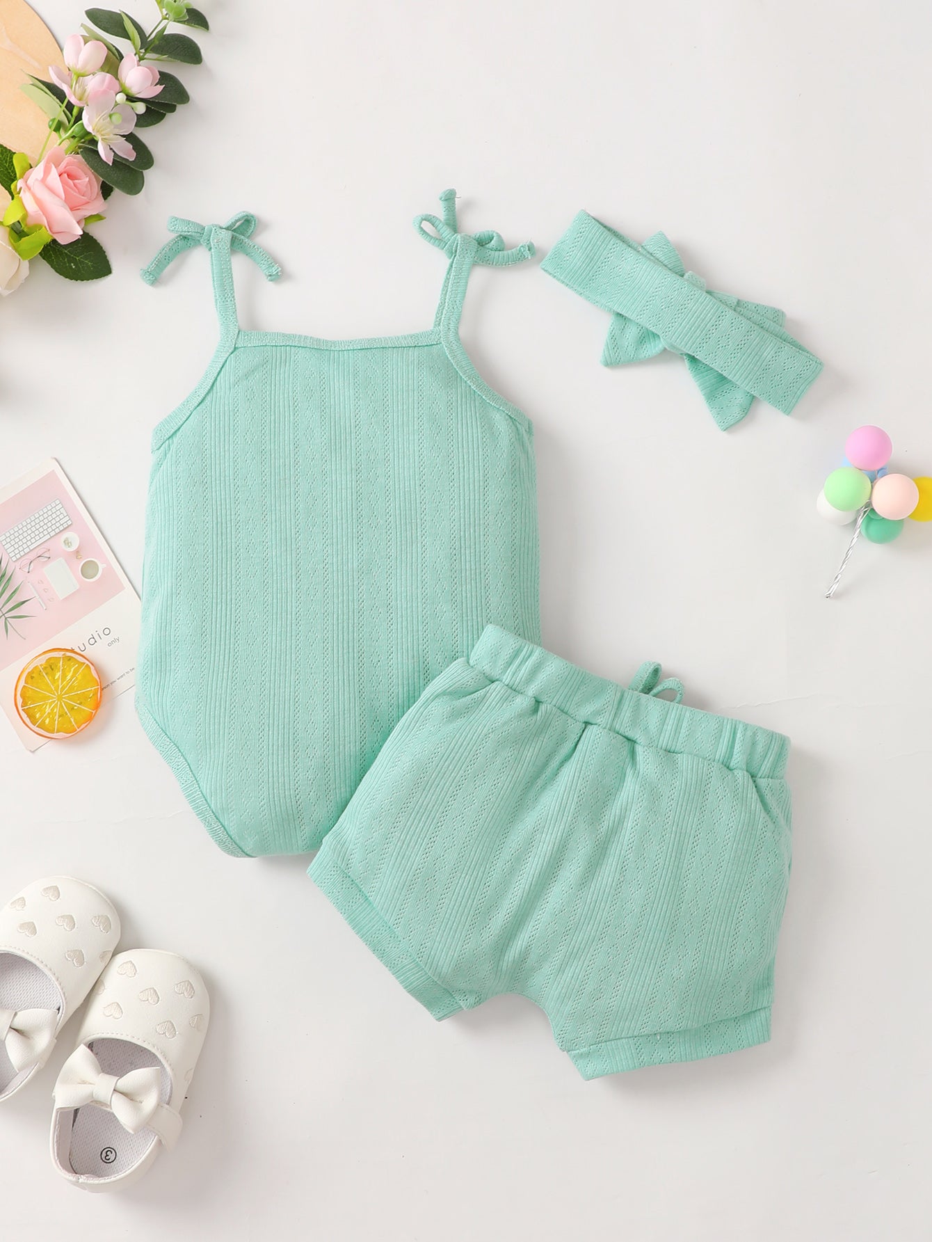 Baby Girl Waffle-Knit Tie-Shoulder Top and Shorts Set