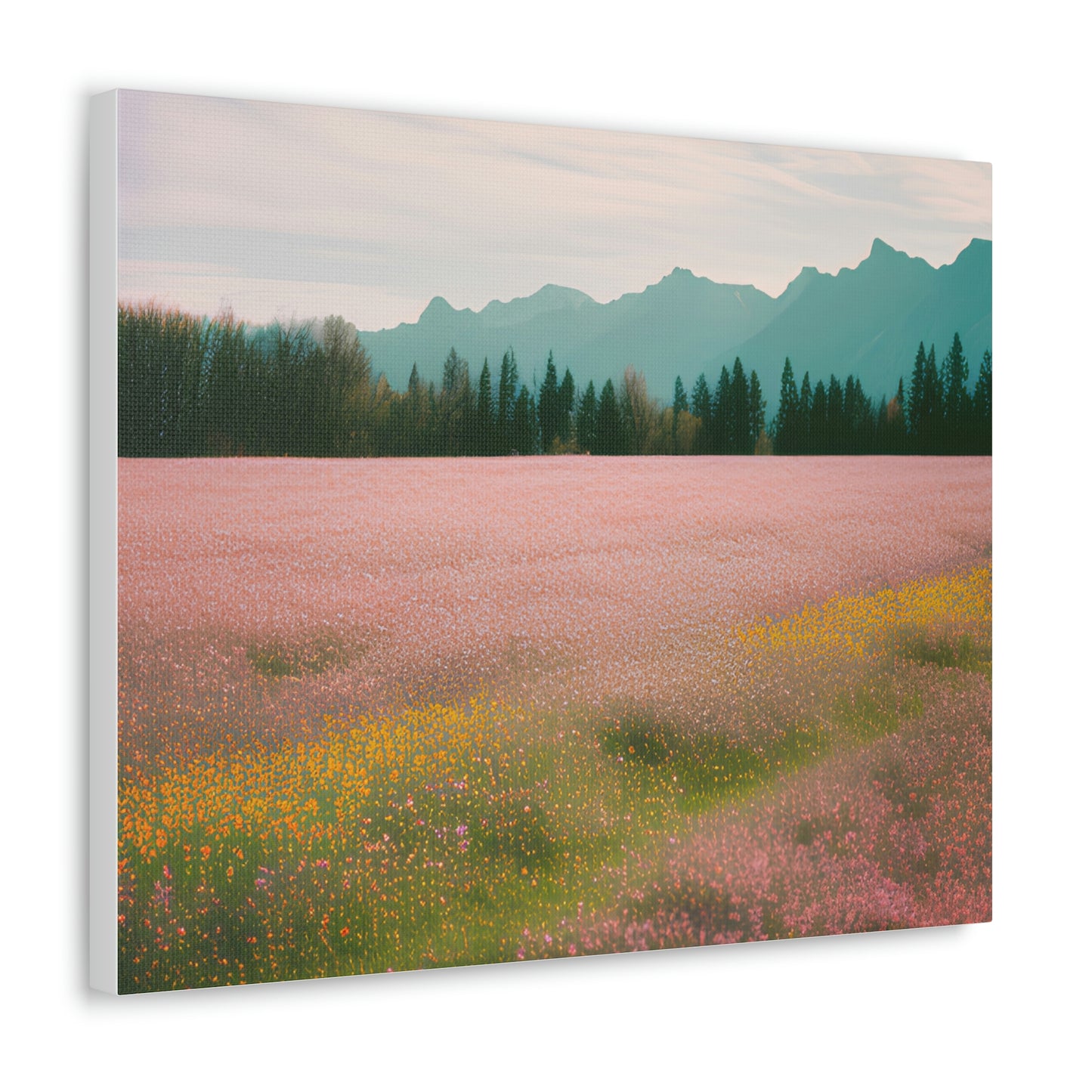 Majestic Wildflowers: A Field of Color with Mountainous Backdrop, Canvas Springtime print