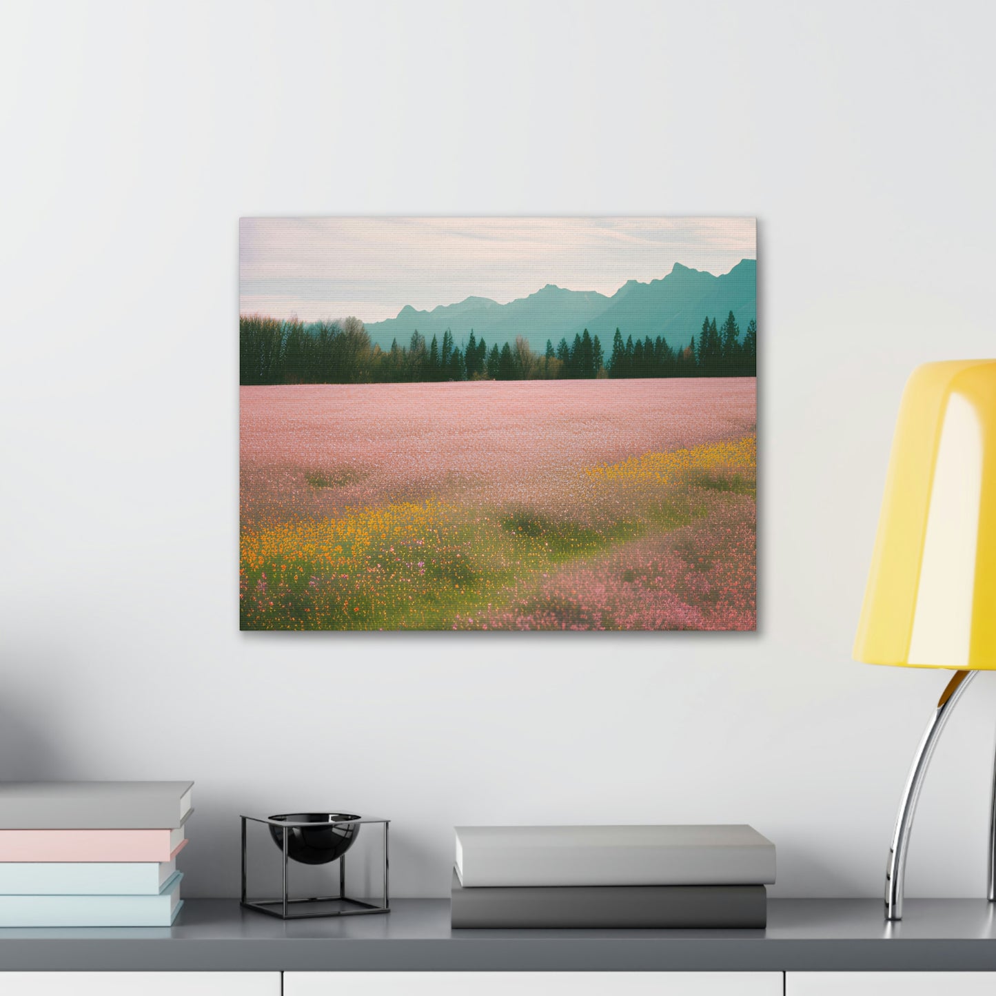 Majestic Wildflowers: A Field of Color with Mountainous Backdrop, Canvas Springtime print