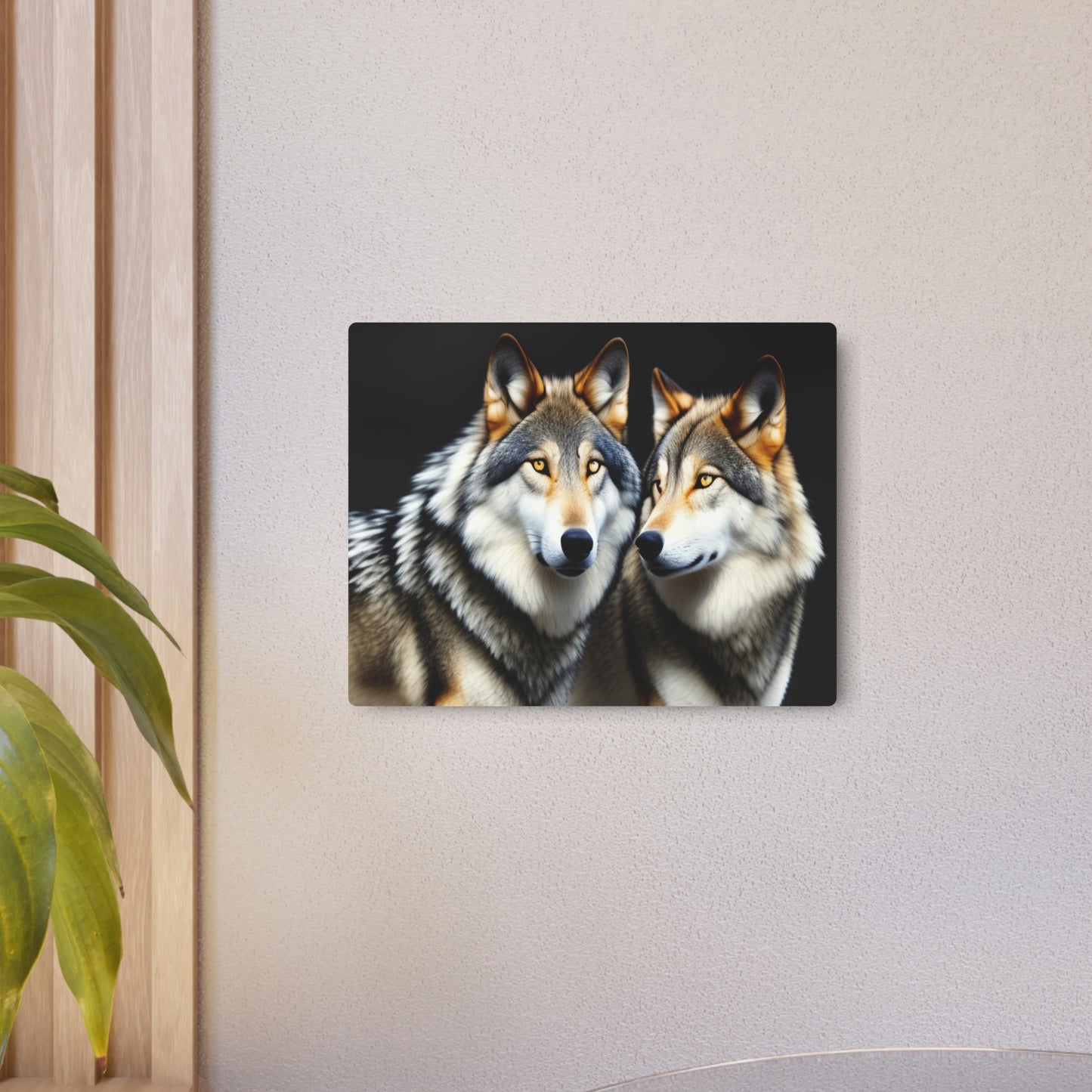 AI-Generated Metal Art Sign Featuring Two Wolves