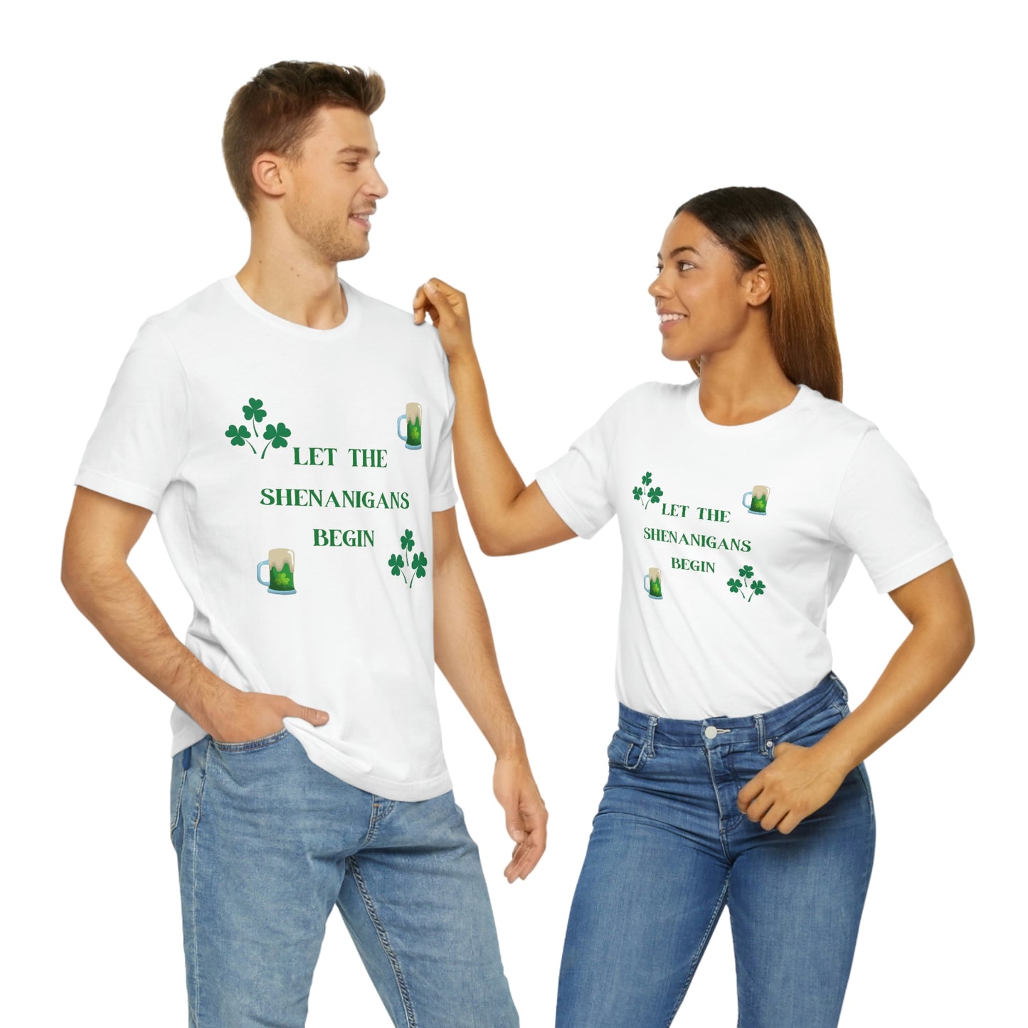 Let the shenanigans begin, St Patty's day, Irish, Clover, Shamrocks, Green Beer, Saint Patricks Day Tee, Beer, Unisex Short Sleeve Tee