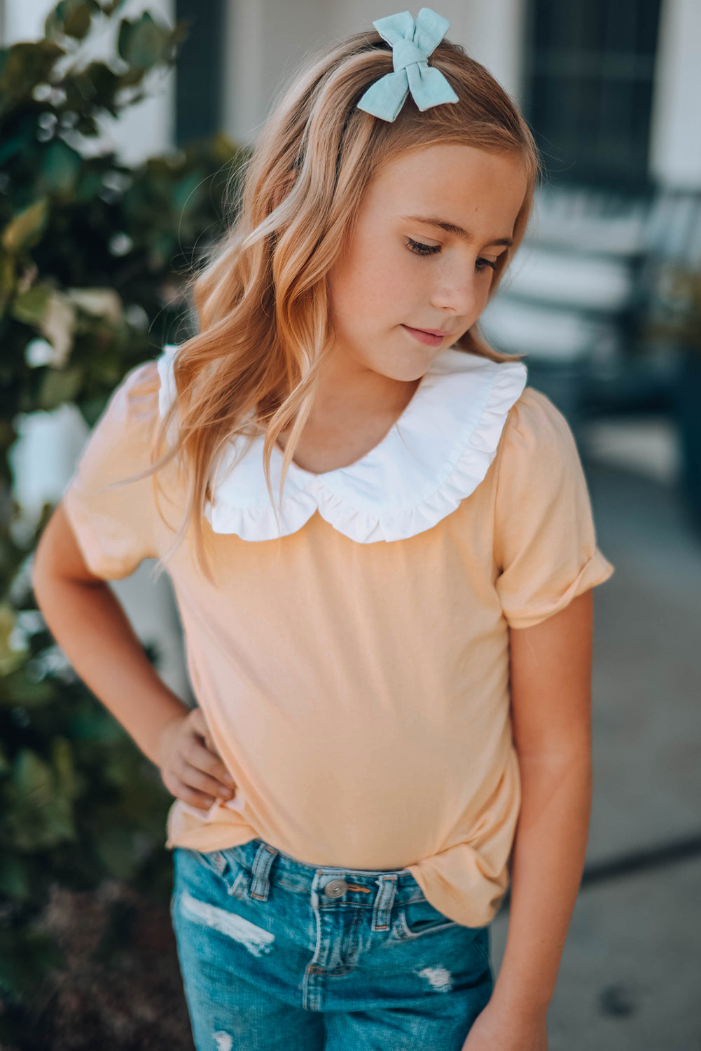 Girls Contrast Peter Pan Collar Short Sleeve Top