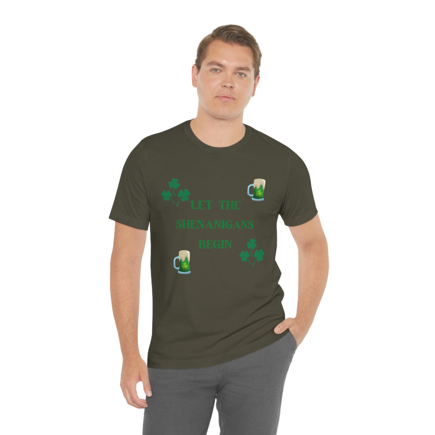 Let the shenanigans begin, St Patty's day, Irish, Clover, Shamrocks, Green Beer, Saint Patricks Day Tee, Beer, Unisex Short Sleeve Tee