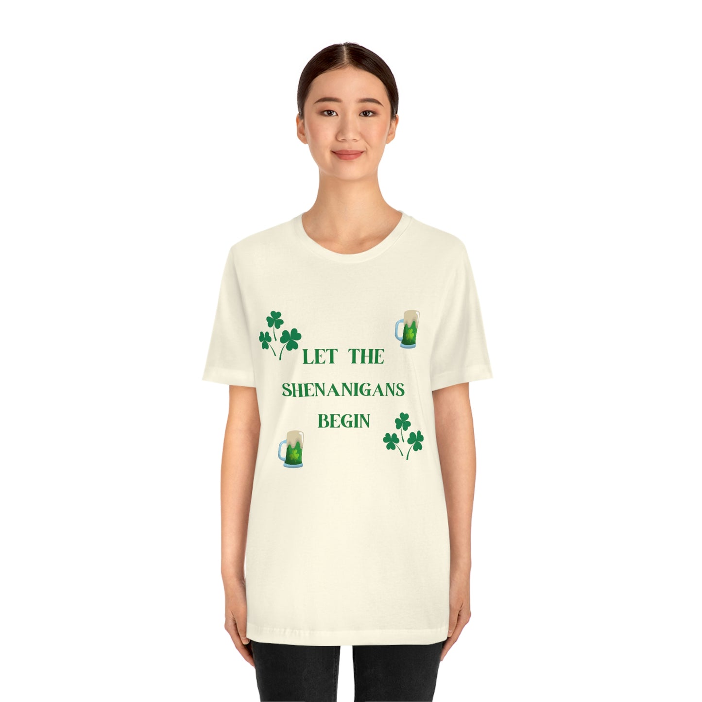 Let the shenanigans begin, St Patty's day, Irish, Clover, Shamrocks, Green Beer, Saint Patricks Day Tee, Beer, Unisex Short Sleeve Tee