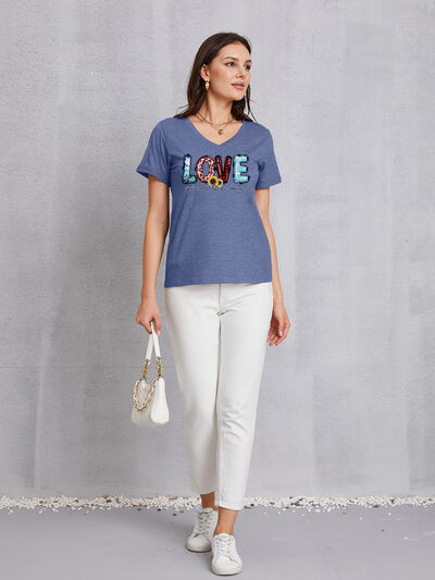 Letter Graphic V-Neck Short Sleeve T-Shirt