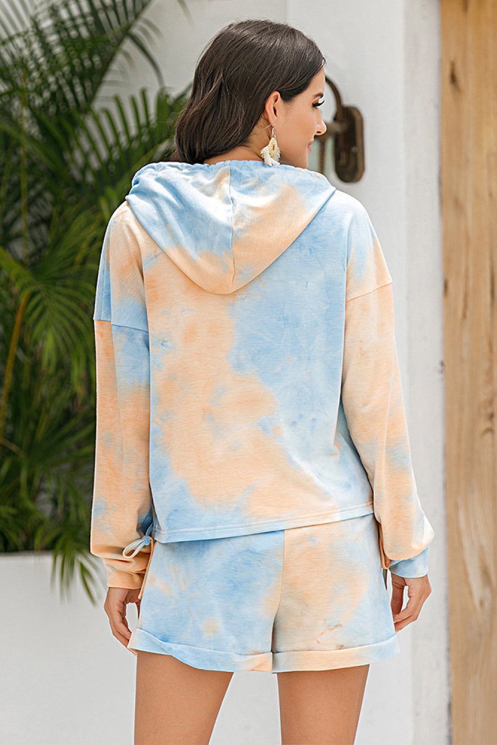 Tie-Dye Drawstring Hoodie and Shorts Set