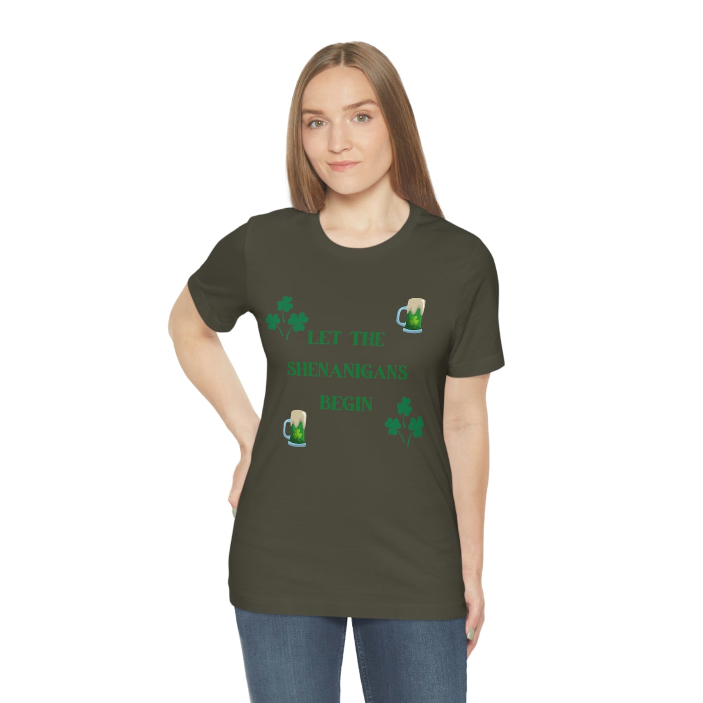 Let the shenanigans begin, St Patty's day, Irish, Clover, Shamrocks, Green Beer, Saint Patricks Day Tee, Beer, Unisex Short Sleeve Tee