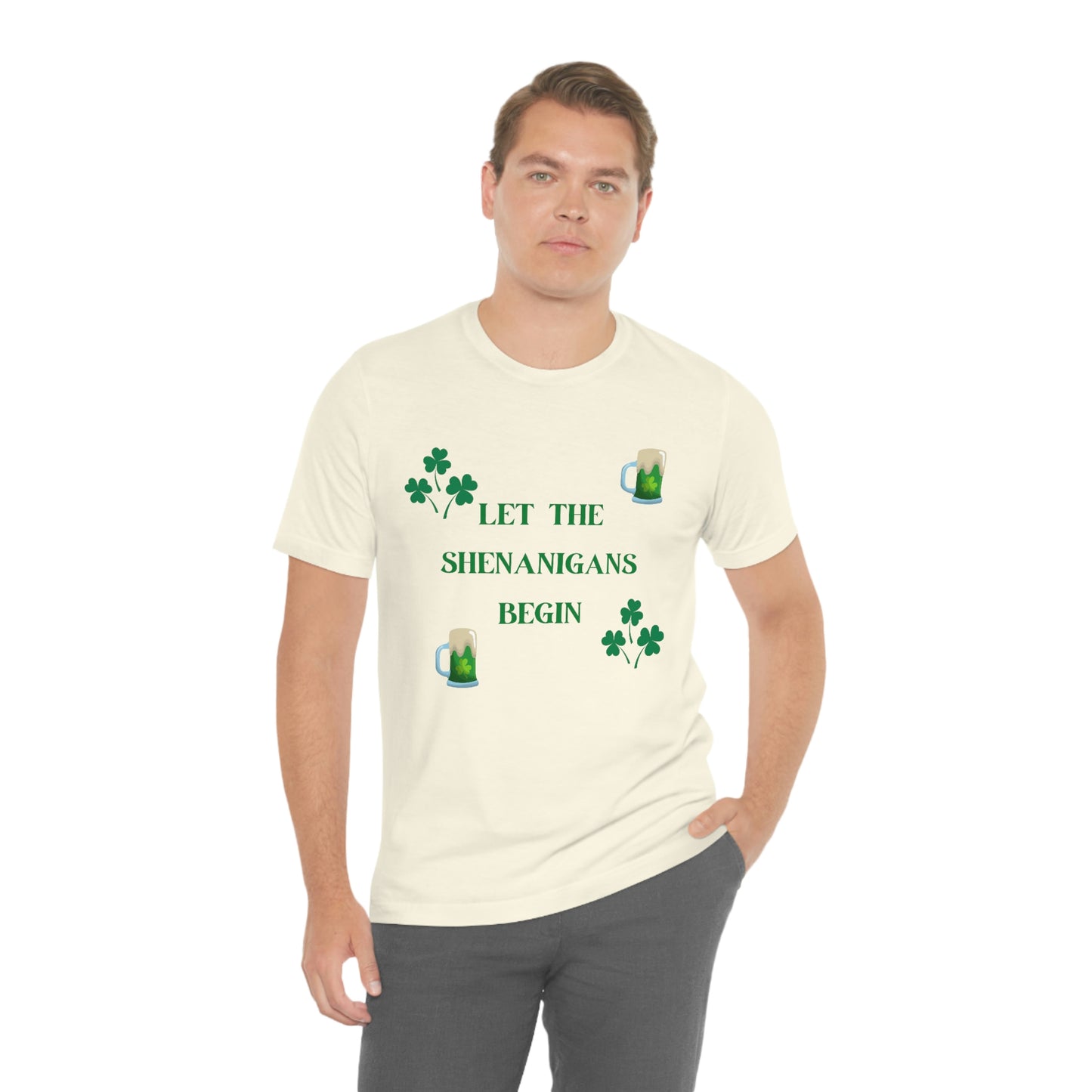 Let the shenanigans begin, St Patty's day, Irish, Clover, Shamrocks, Green Beer, Saint Patricks Day Tee, Beer, Unisex Short Sleeve Tee