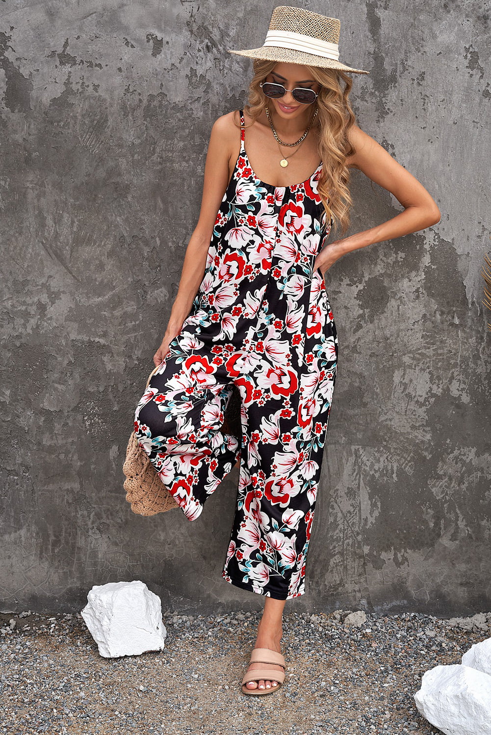 Botanical Print Spaghetti Strap Cropped Jumpsuit