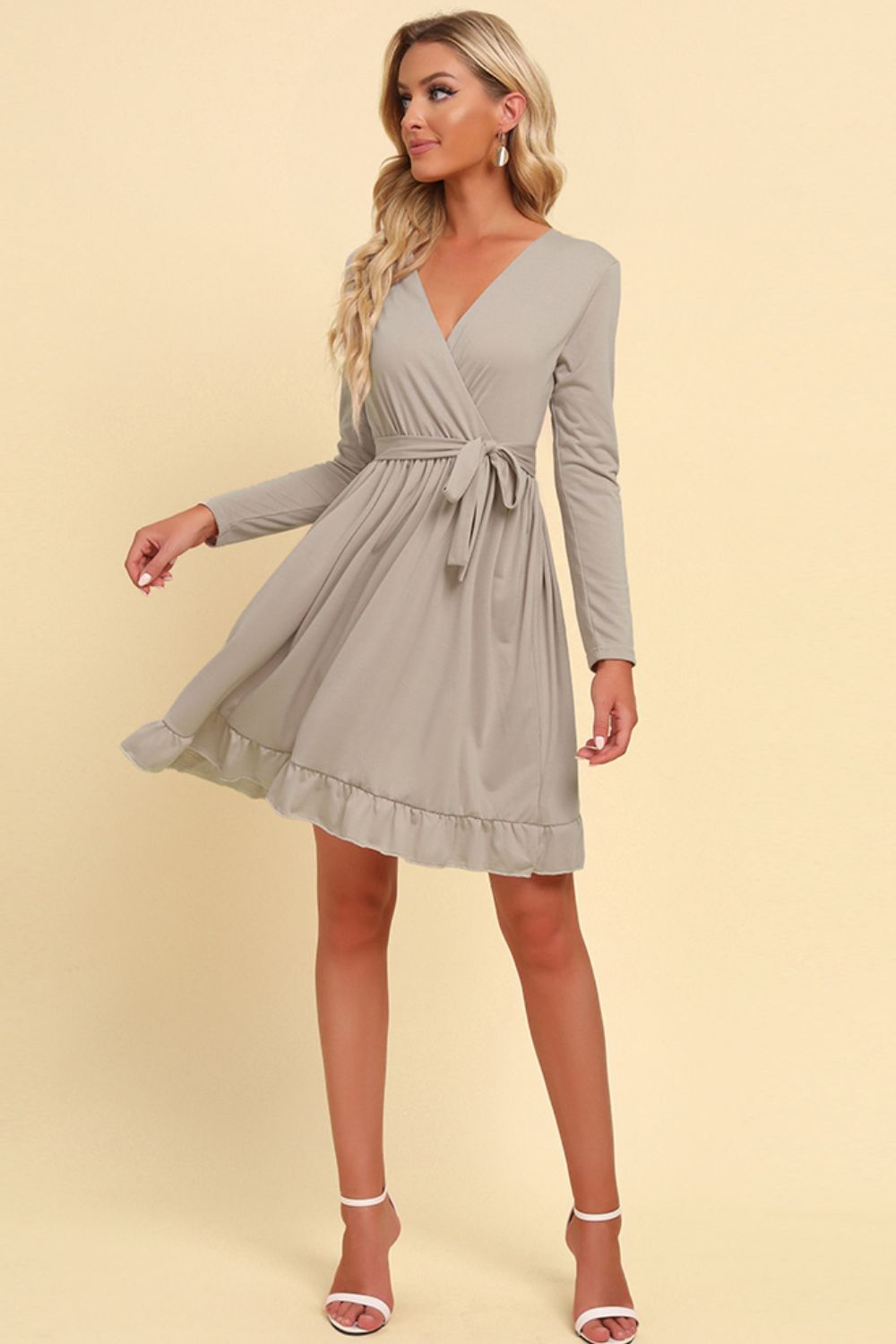 Long Sleeve Tie Waist Ruffle Hem Dress