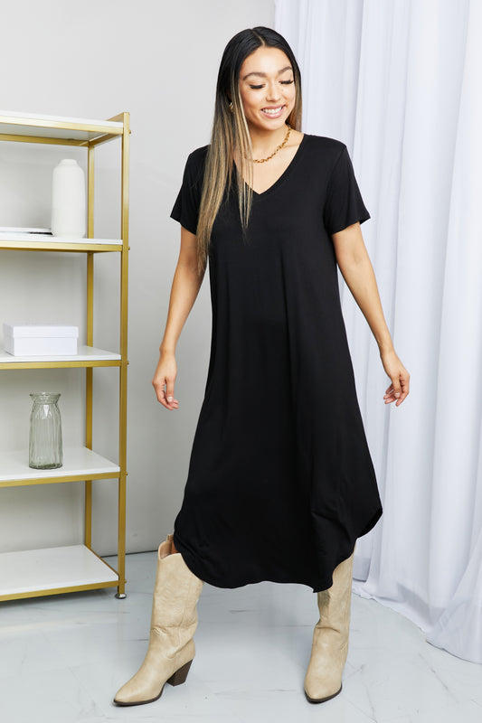 HYFVE V-Neck Short Sleeve Curved Hem Dress in Black