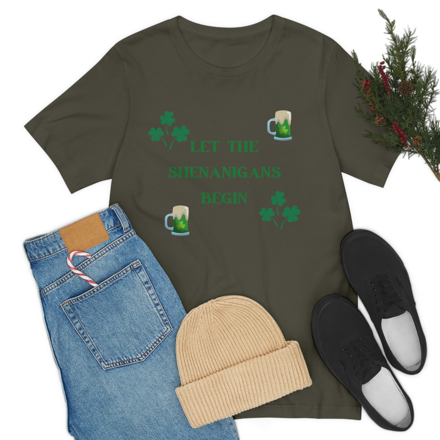 Let the shenanigans begin, St Patty's day, Irish, Clover, Shamrocks, Green Beer, Saint Patricks Day Tee, Beer, Unisex Short Sleeve Tee