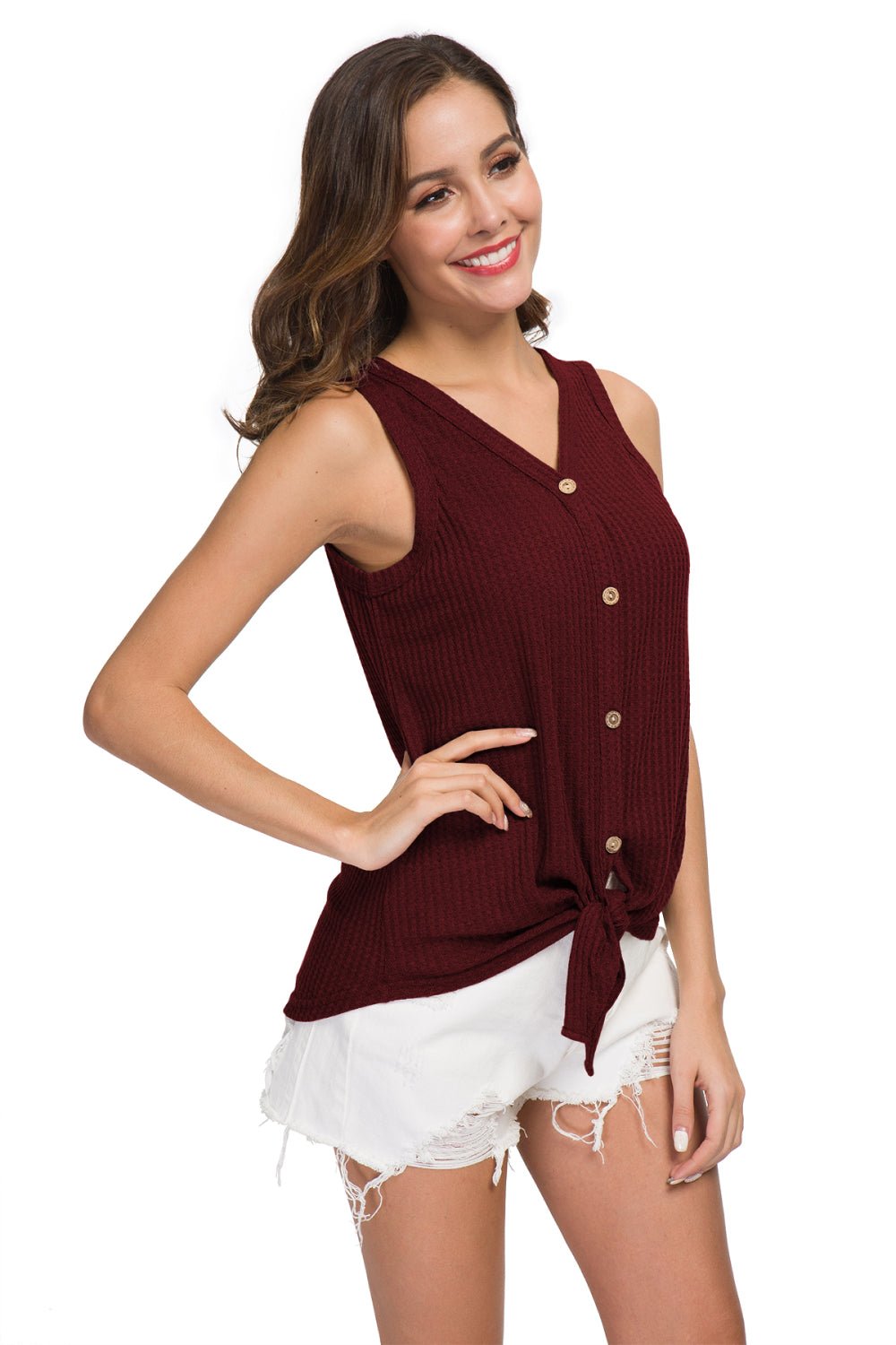 Buttoned V-Neck Ribbed Tank