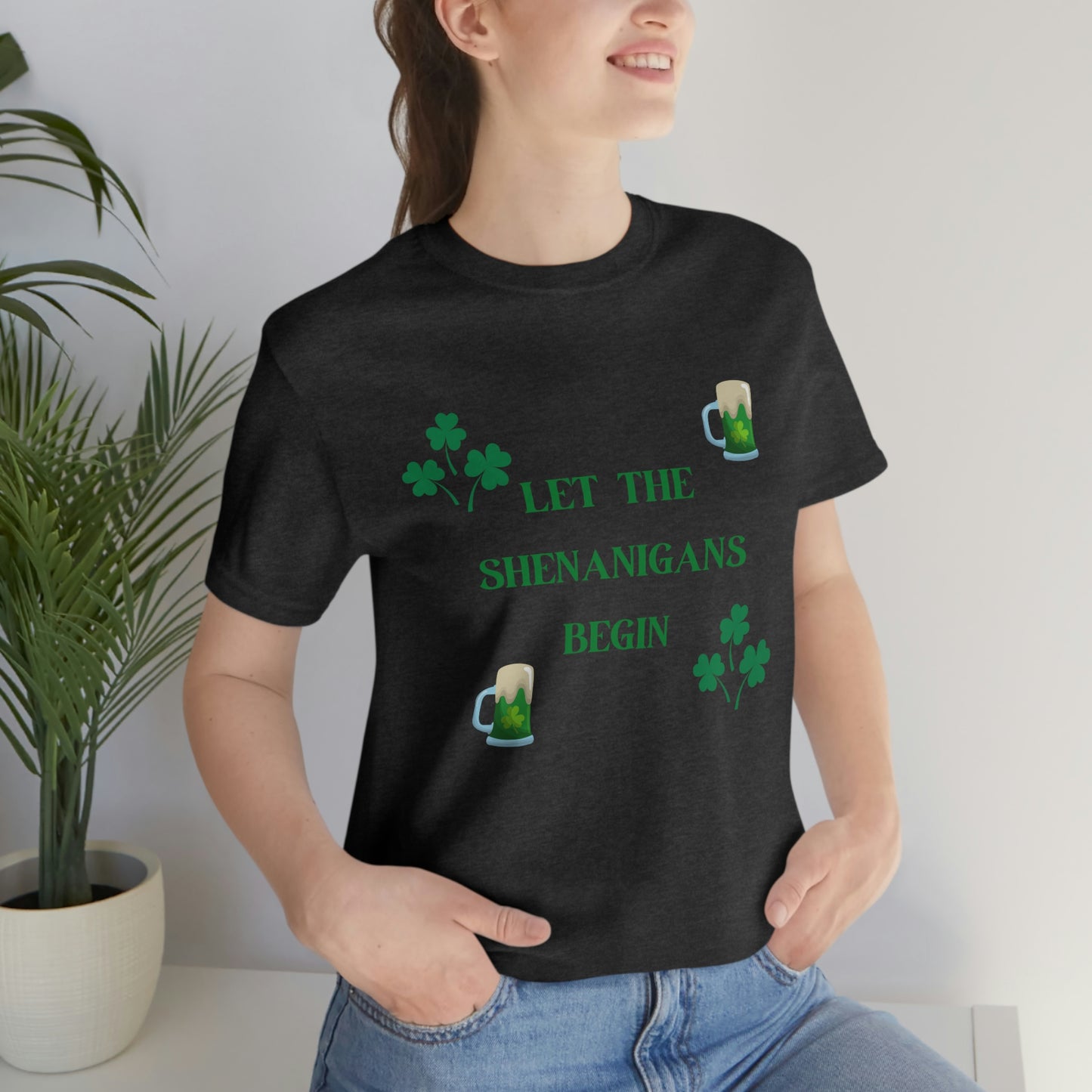 Let the shenanigans begin, St Patty's day, Irish, Clover, Shamrocks, Green Beer, Saint Patricks Day Tee, Beer, Unisex Short Sleeve Tee