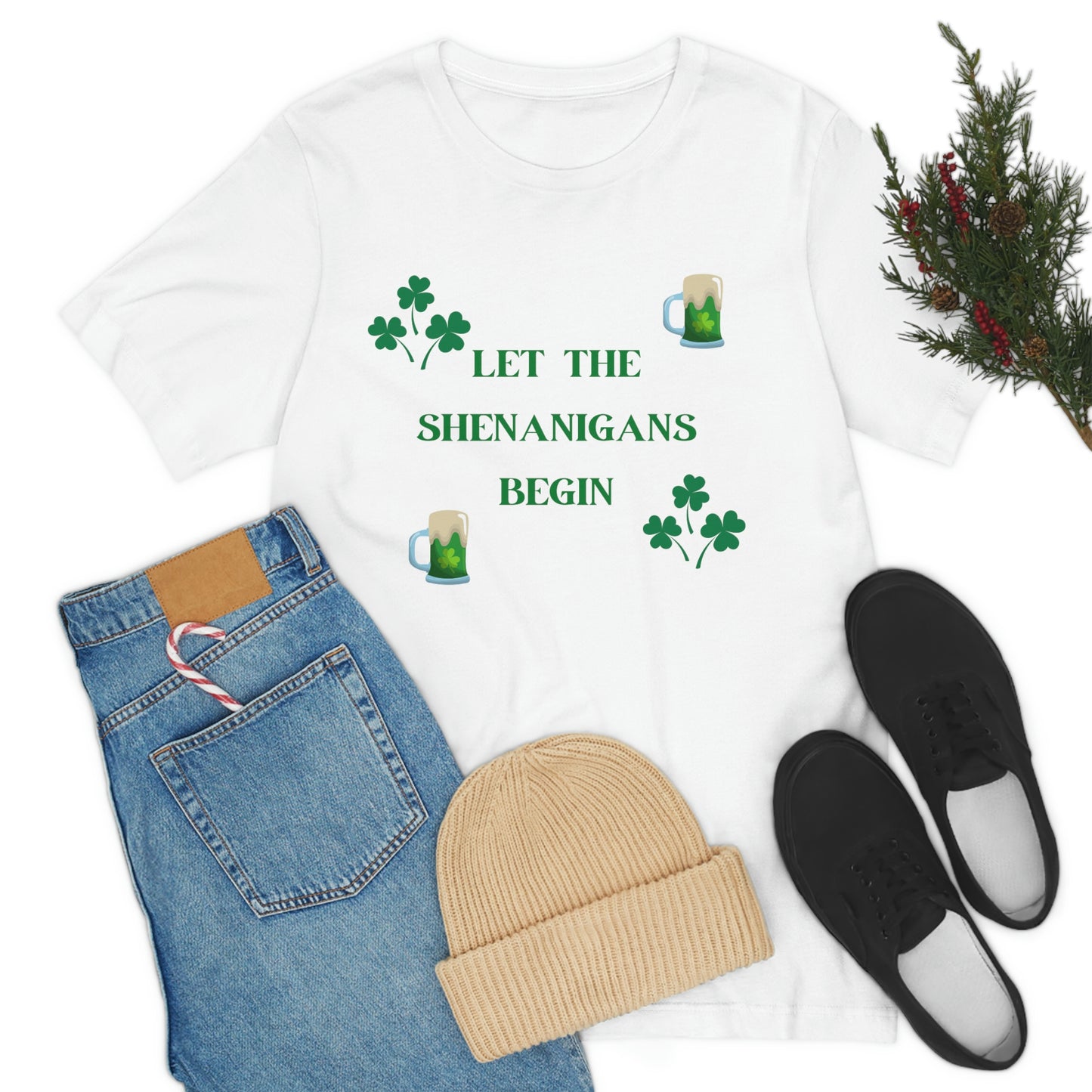 Let the shenanigans begin, St Patty's day, Irish, Clover, Shamrocks, Green Beer, Saint Patricks Day Tee, Beer, Unisex Short Sleeve Tee