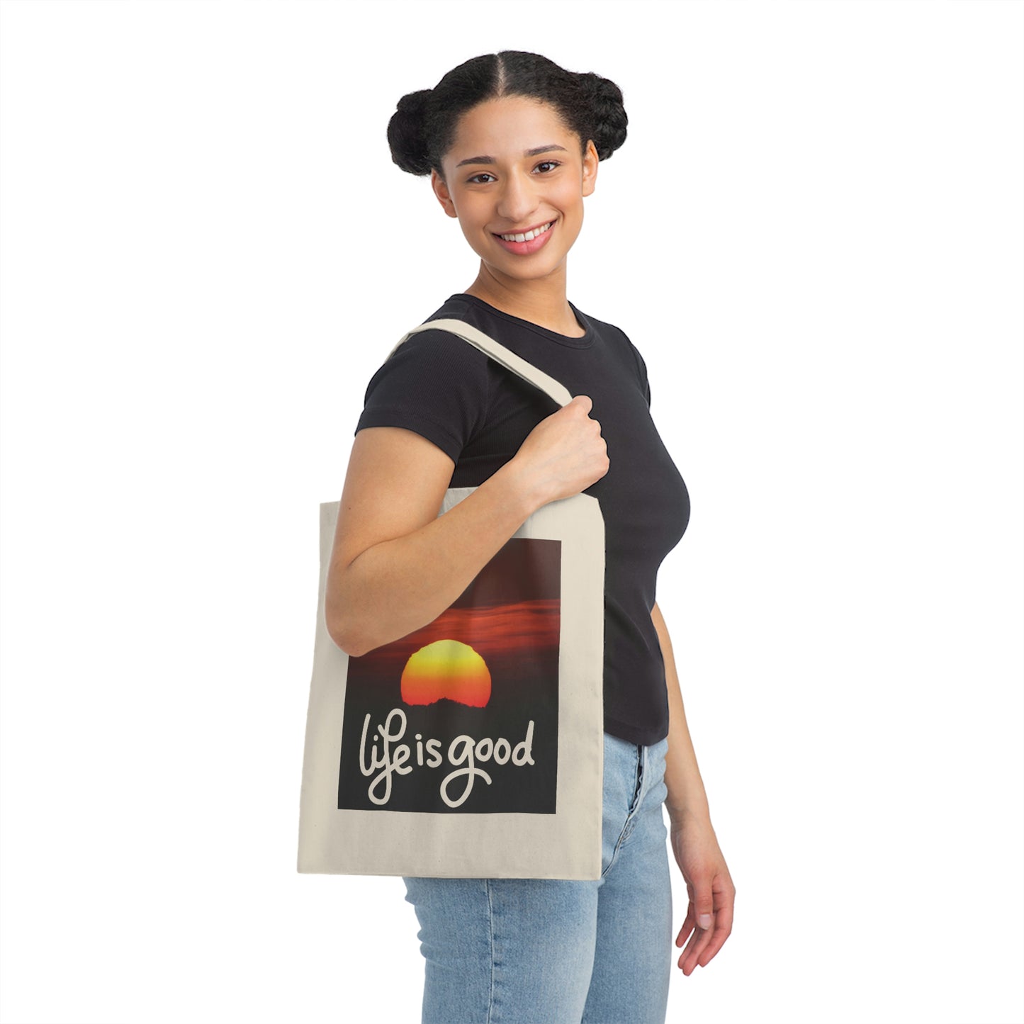 Life is Good canvas tote bag with Sunset Pic