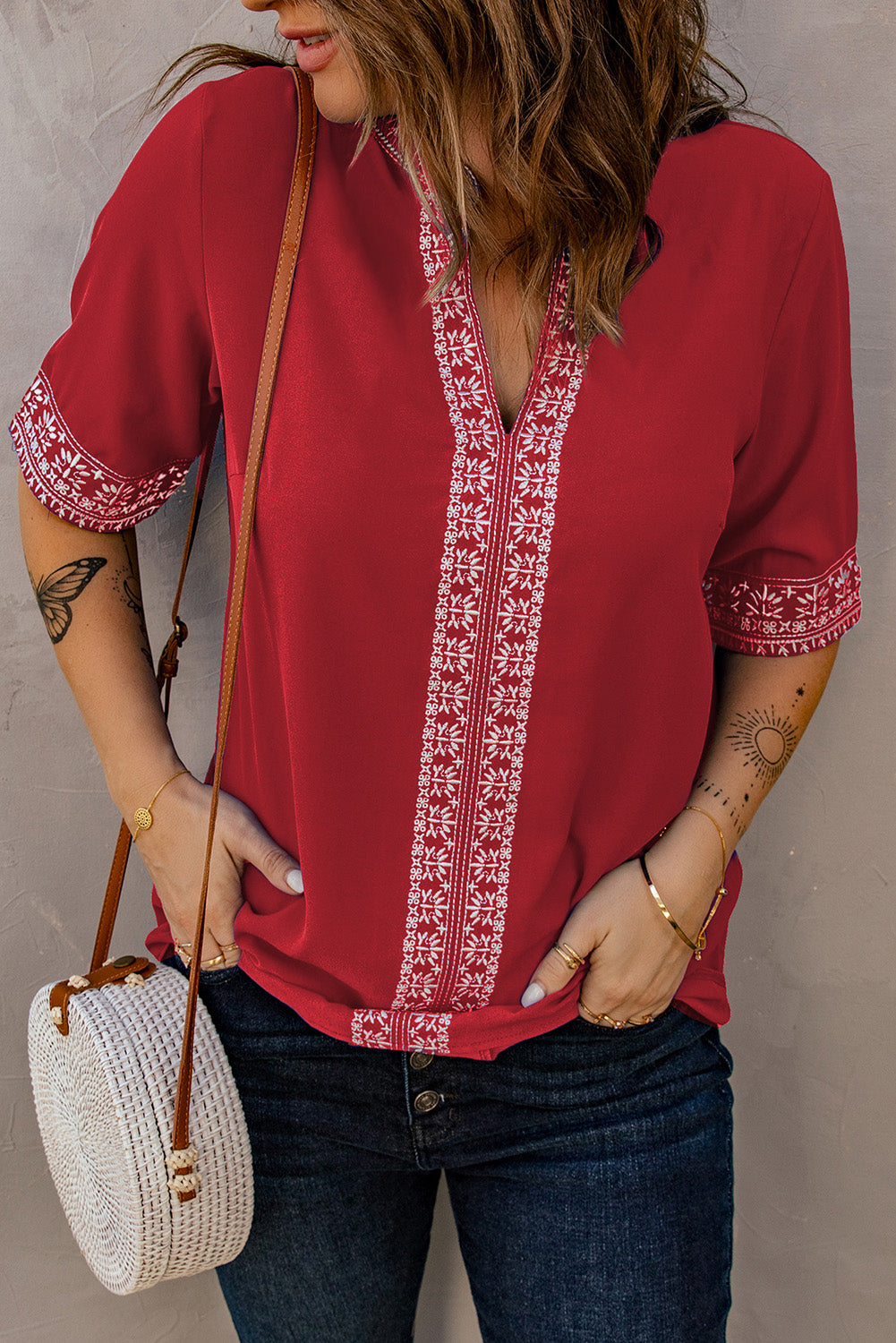 Embroidered V-Neck Top