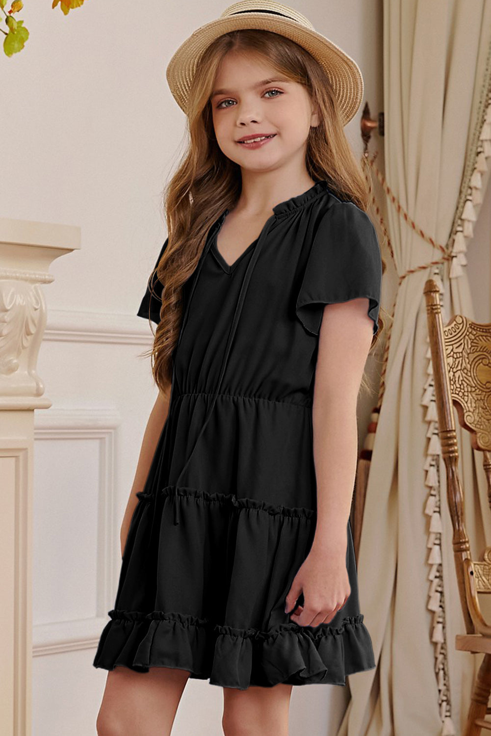 Girls Frilled Notched Neck Puff Sleeve Dress