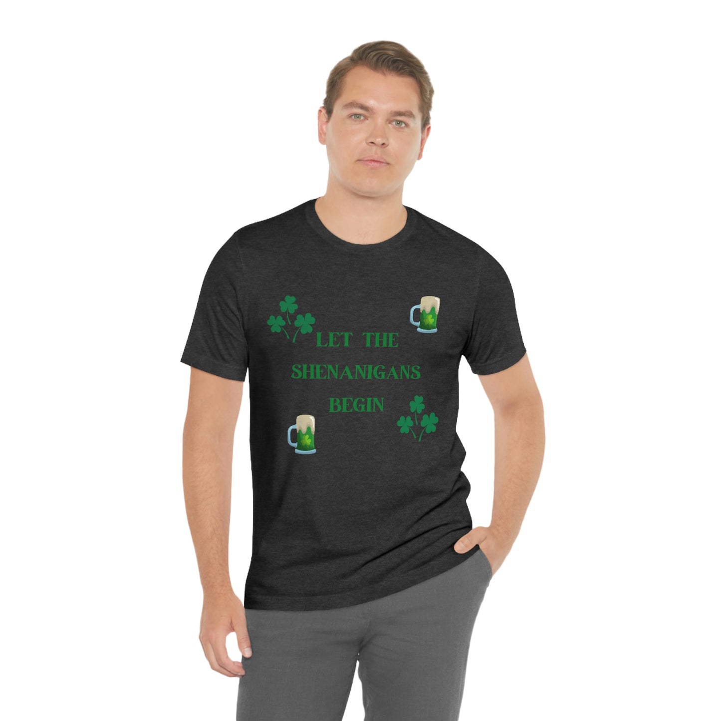 Let the shenanigans begin, St Patty's day, Irish, Clover, Shamrocks, Green Beer, Saint Patricks Day Tee, Beer, Unisex Short Sleeve Tee