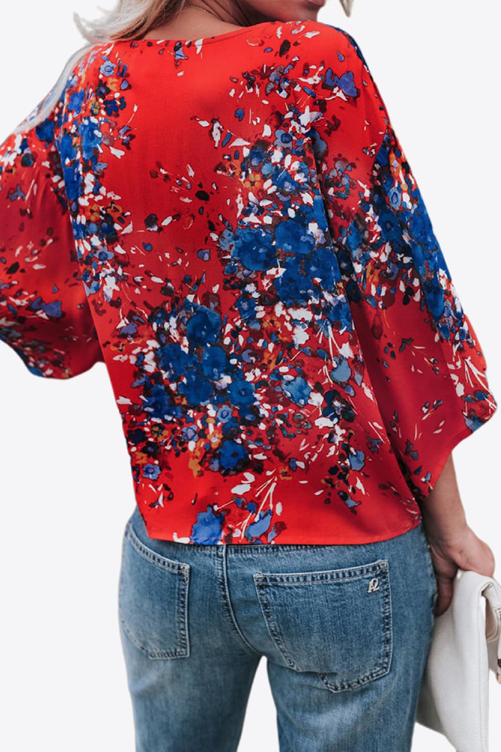 Printed Deep V Tie Hem Blouse