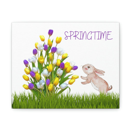 Springtime Bunny: Adorable Canvas Print of a Bunny Sniffing Tulips