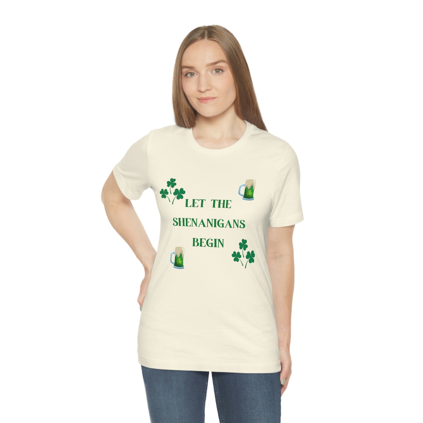 Let the shenanigans begin, St Patty's day, Irish, Clover, Shamrocks, Green Beer, Saint Patricks Day Tee, Beer, Unisex Short Sleeve Tee