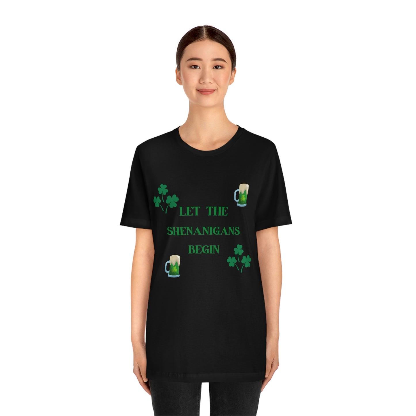 Let the shenanigans begin, St Patty's day, Irish, Clover, Shamrocks, Green Beer, Saint Patricks Day Tee, Beer, Unisex Short Sleeve Tee