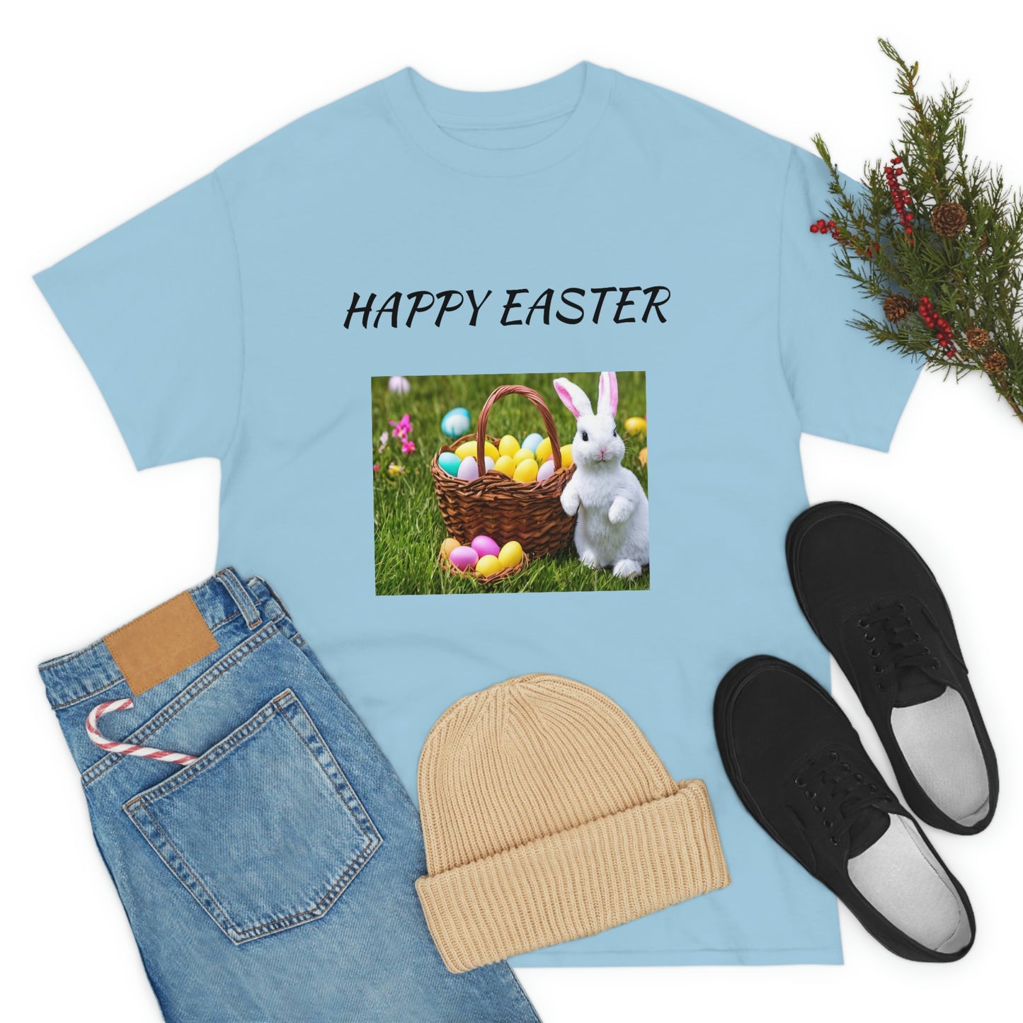 Happy Easter T-Shirt with Bunny and Colored Eggs