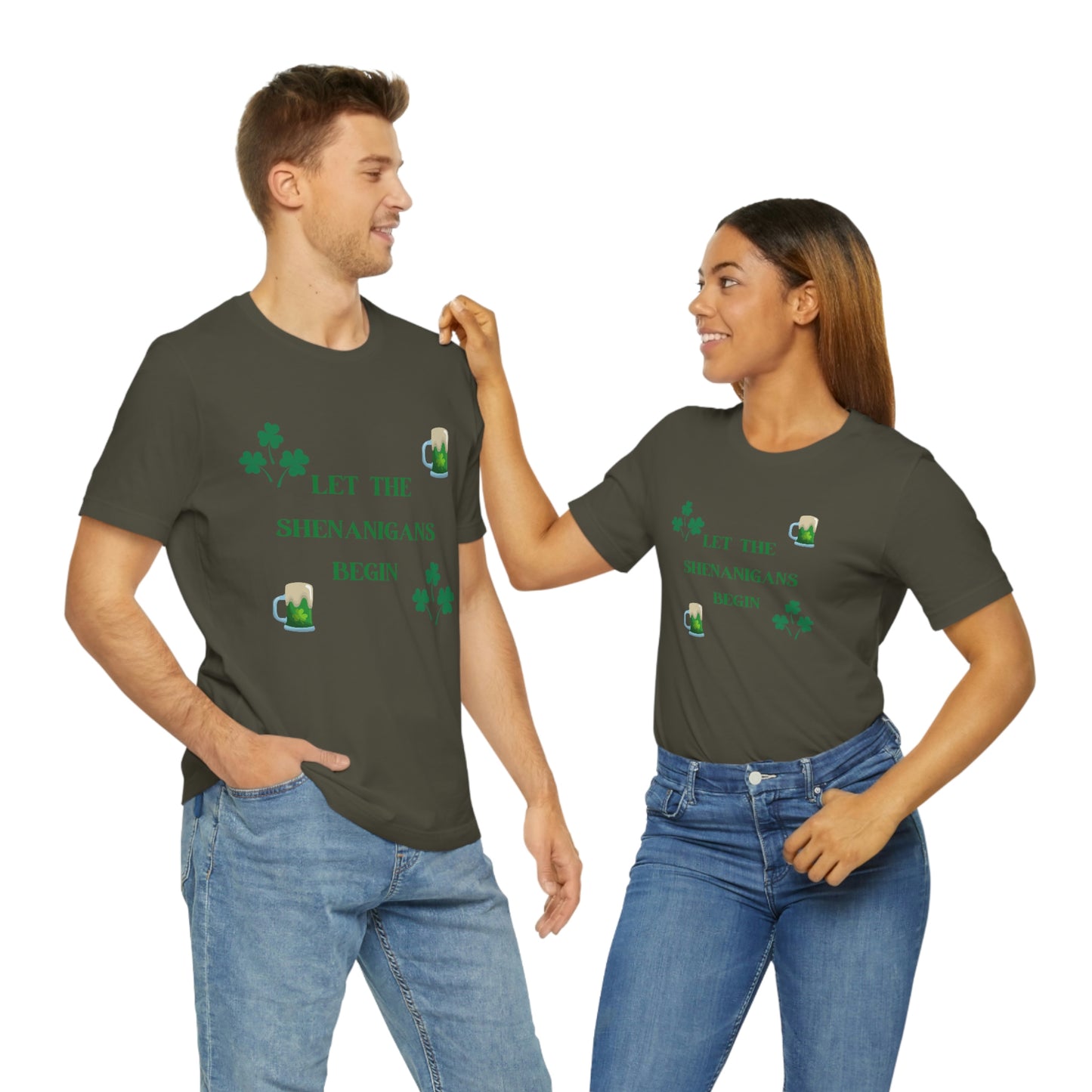 Let the shenanigans begin, St Patty's day, Irish, Clover, Shamrocks, Green Beer, Saint Patricks Day Tee, Beer, Unisex Short Sleeve Tee