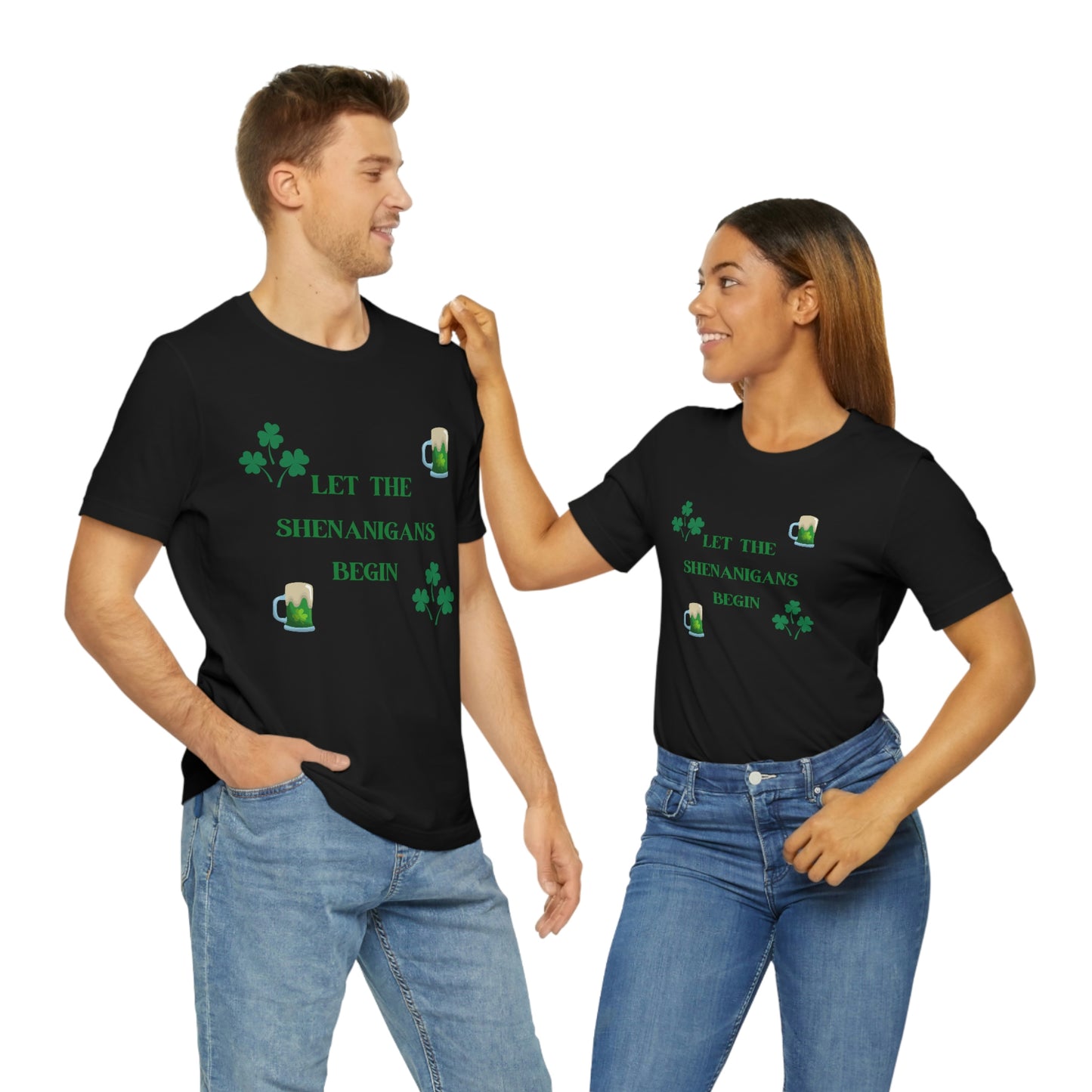 Let the shenanigans begin, St Patty's day, Irish, Clover, Shamrocks, Green Beer, Saint Patricks Day Tee, Beer, Unisex Short Sleeve Tee