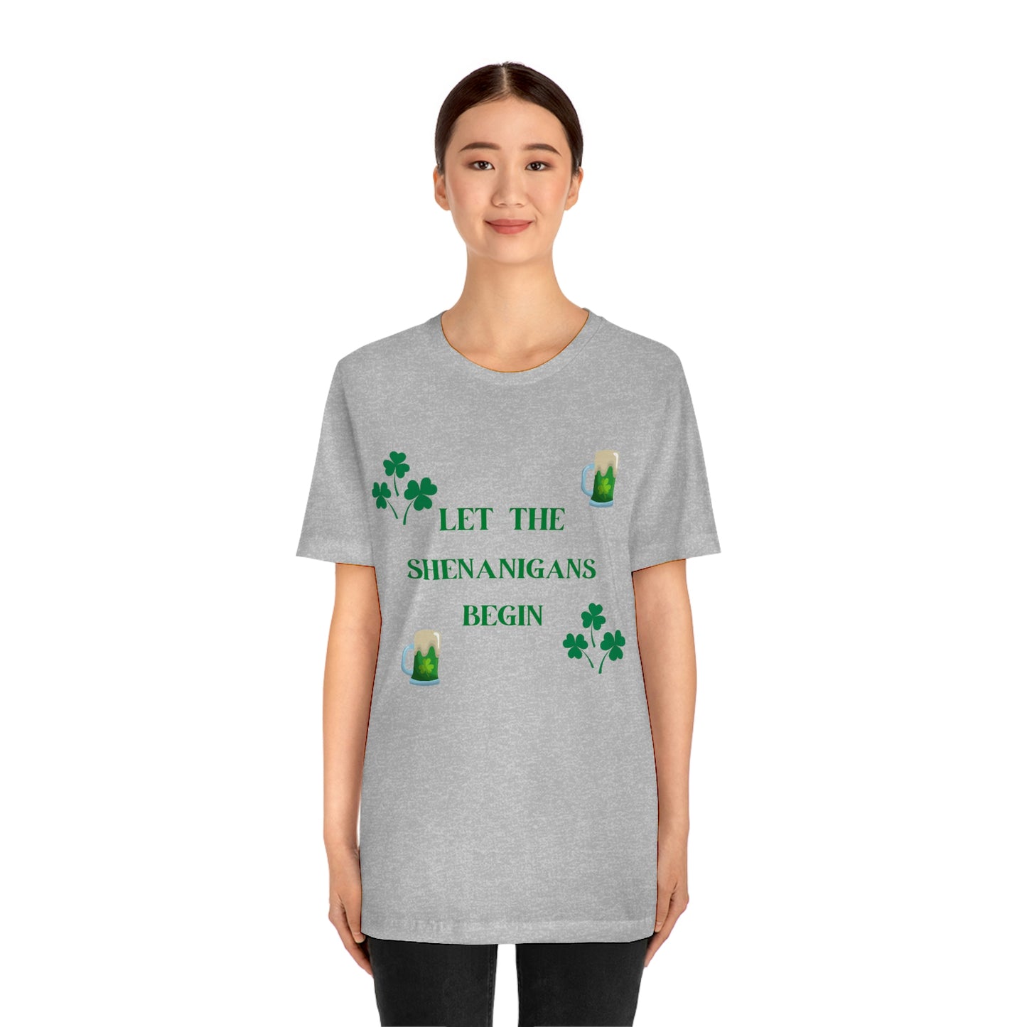 Let the shenanigans begin, St Patty's day, Irish, Clover, Shamrocks, Green Beer, Saint Patricks Day Tee, Beer, Unisex Short Sleeve Tee