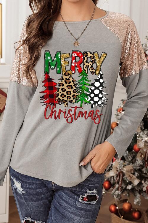 MERRY CHRISTMAS Sequin Round Neck Blouse